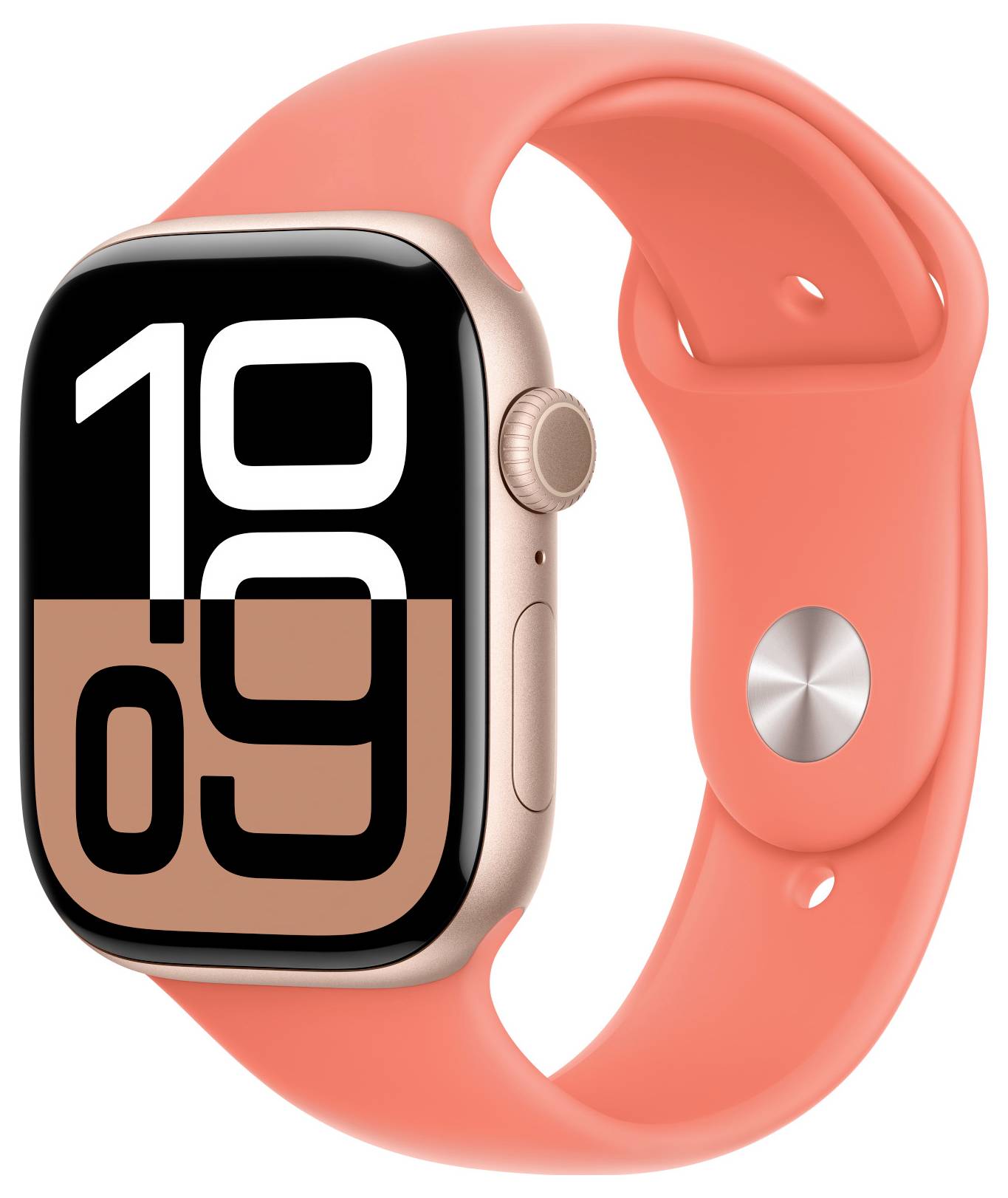 Eine Smartwatch mit orangefarbenem Armband, zeigt eine digitale Uhrzeit mit großen Ziffern auf dem Display an.