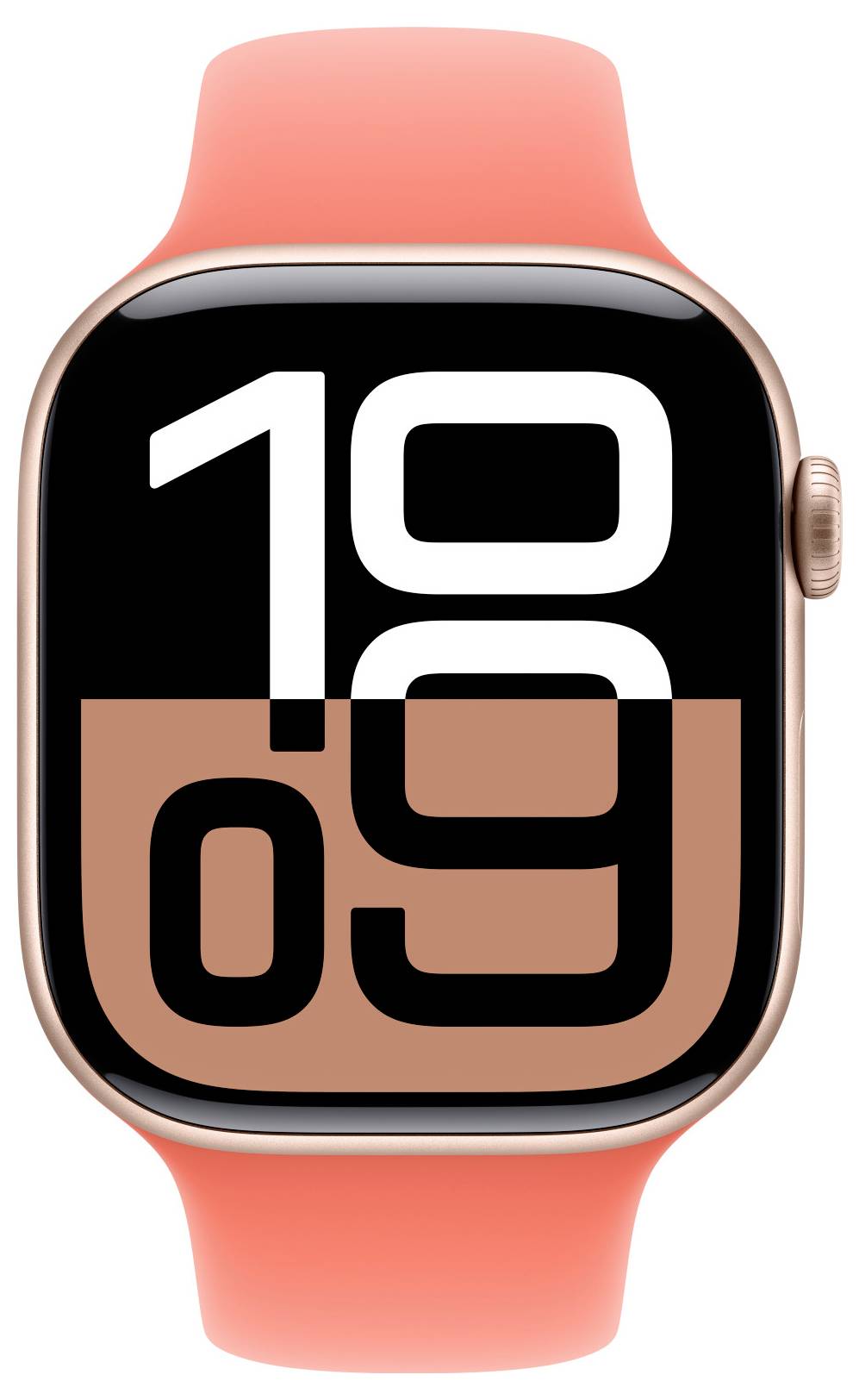 Smartwatch mit orange-rotem Armband, digitaler Zifferblattanzeige: '10:09'. Modernes Design mit großem Display und abgerundeten Ecken.