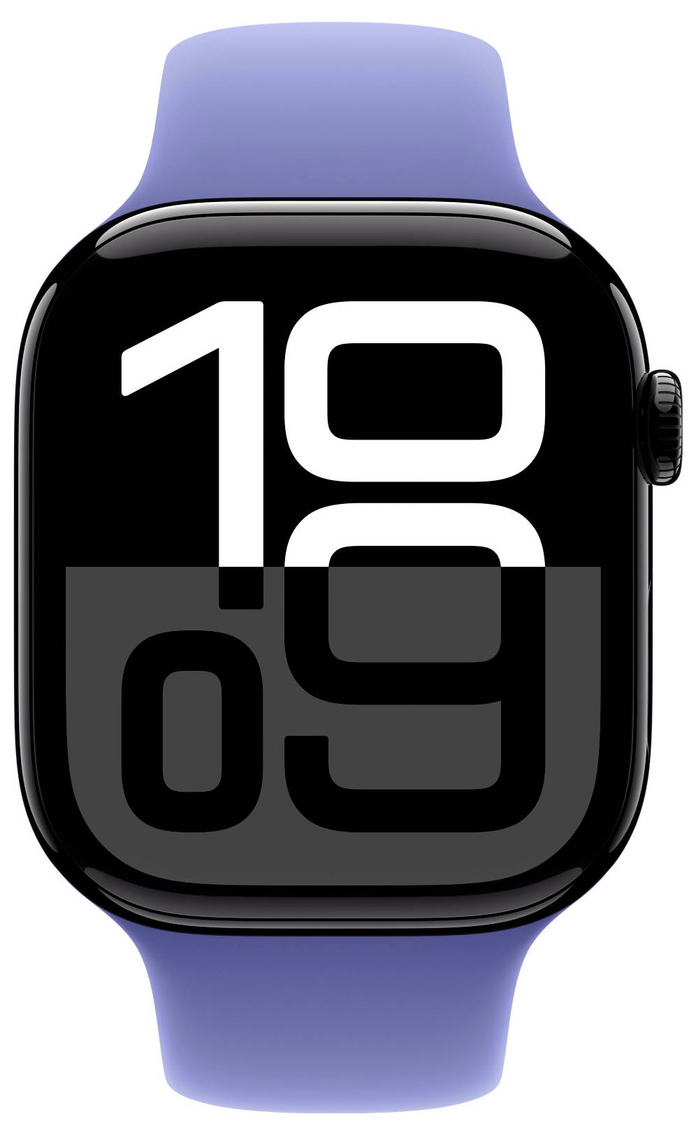 Smartwatch mit blauer Uhrarmbandanzeige, zeigt "10:09" auf digitalem Zifferblatt mit weißer Schrift und schwarzem Hintergrund.