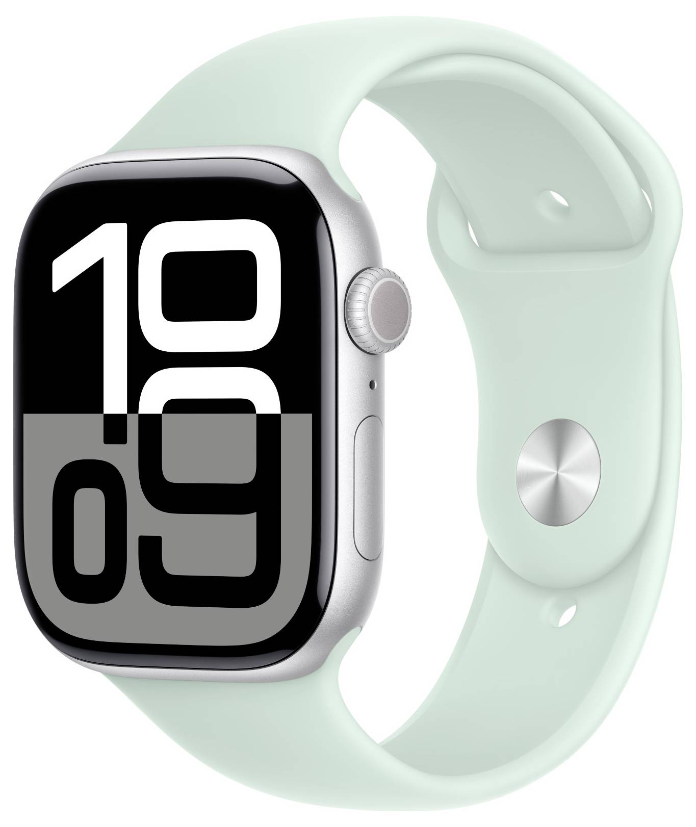 Eine Smartwatch mit großem digitalen Ziffernblatt zeigt die Uhrzeit 10:09. Sie hat ein hellgrünes Armband und ein silbernes Gehäuse.