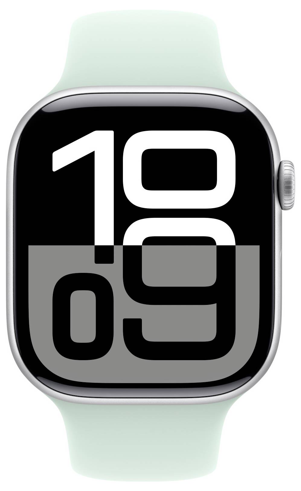 Eine digitale Armbanduhr zeigt die Zeit 10:09 an. Das Design hat ein großes, modernes Ziffernblatt mit weißen Zahlen auf schwarzem Hintergrund.