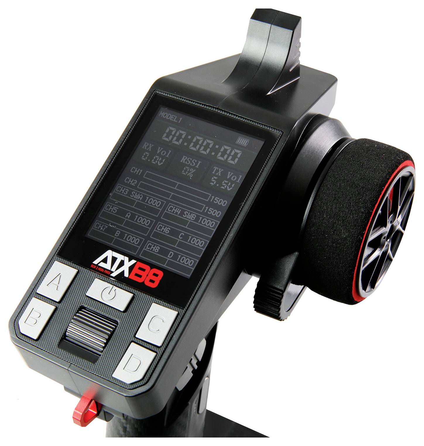 Ein schwarzer Fernsteuerungscontroller mit digitalem Display, einem großen Drehknopf rechts und mehreren Tasten darunter.