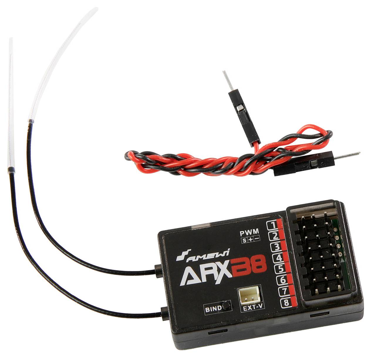 Ein schwarzer Empfänger mit zwei Antennen und einem rot-schwarzen Anschlusskabel. Aufschrift: 'Sanwa ARX-482'.