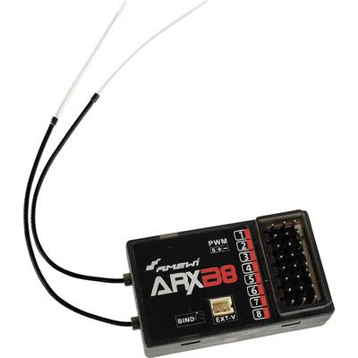 Ein schwarzer Empfänger mit Antennendrähte für RC-Modelle, Modellnummer 'ARX38', mit mehreren Anschlussstellen und einem Bindungsknopf.