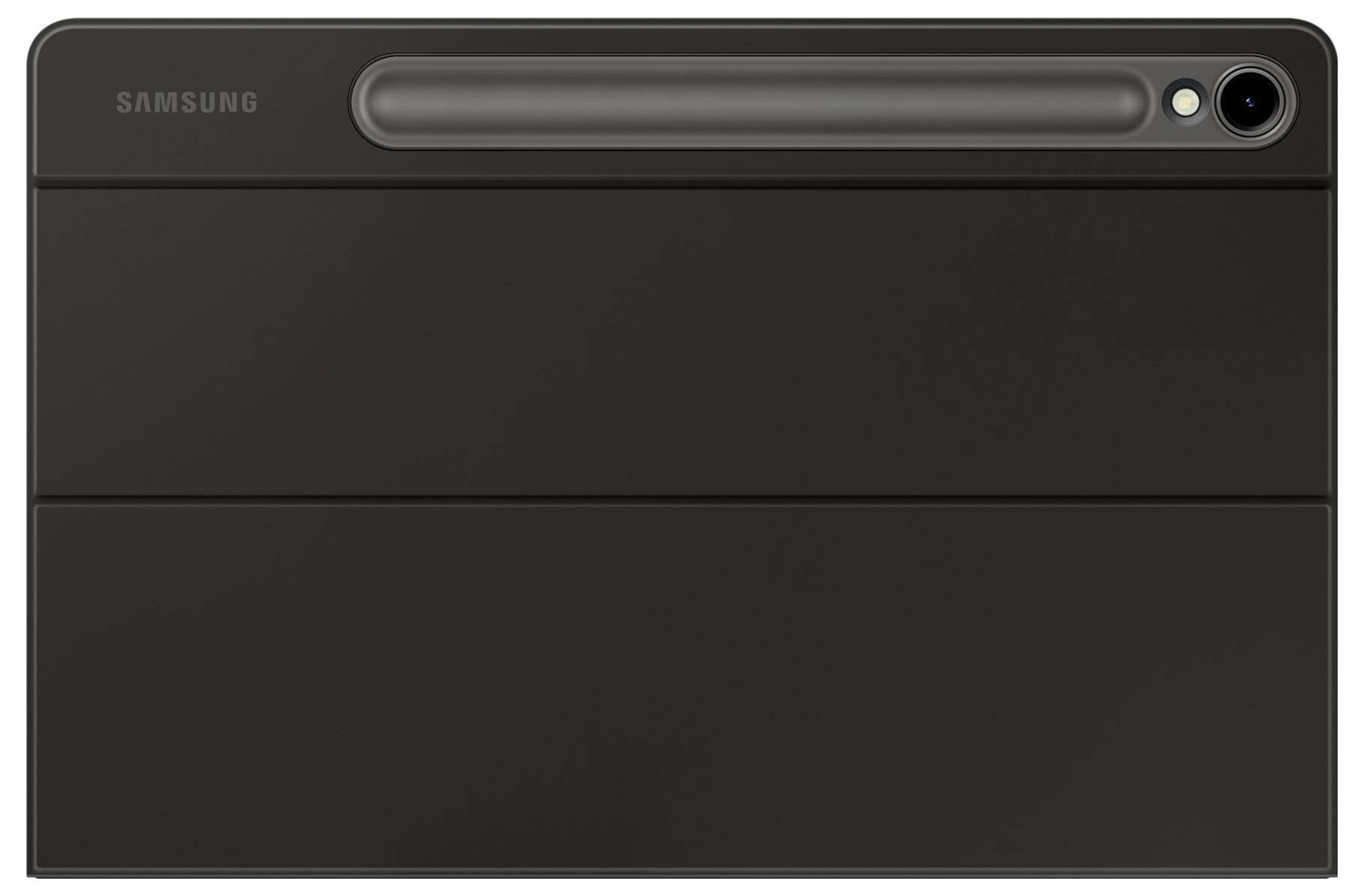 Rückseite eines schwarzen Tablets mit Kamera oben rechts und 'Samsung'-Logo links.