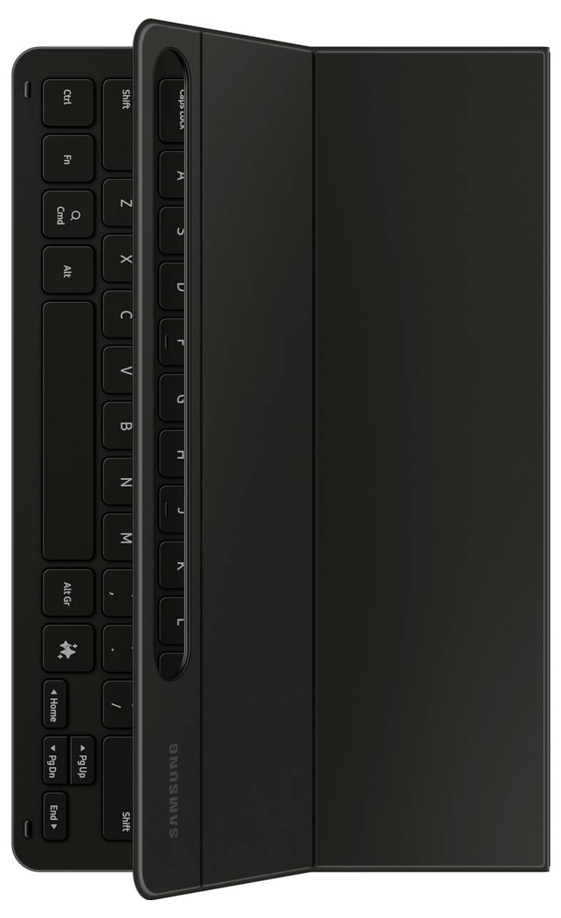 Schwarzes, schlankes Tastatur-Cover, das eine vollständige QWERTZ-Tastatur zeigt, passend für Tablets; markiert mit 'Samsung'.