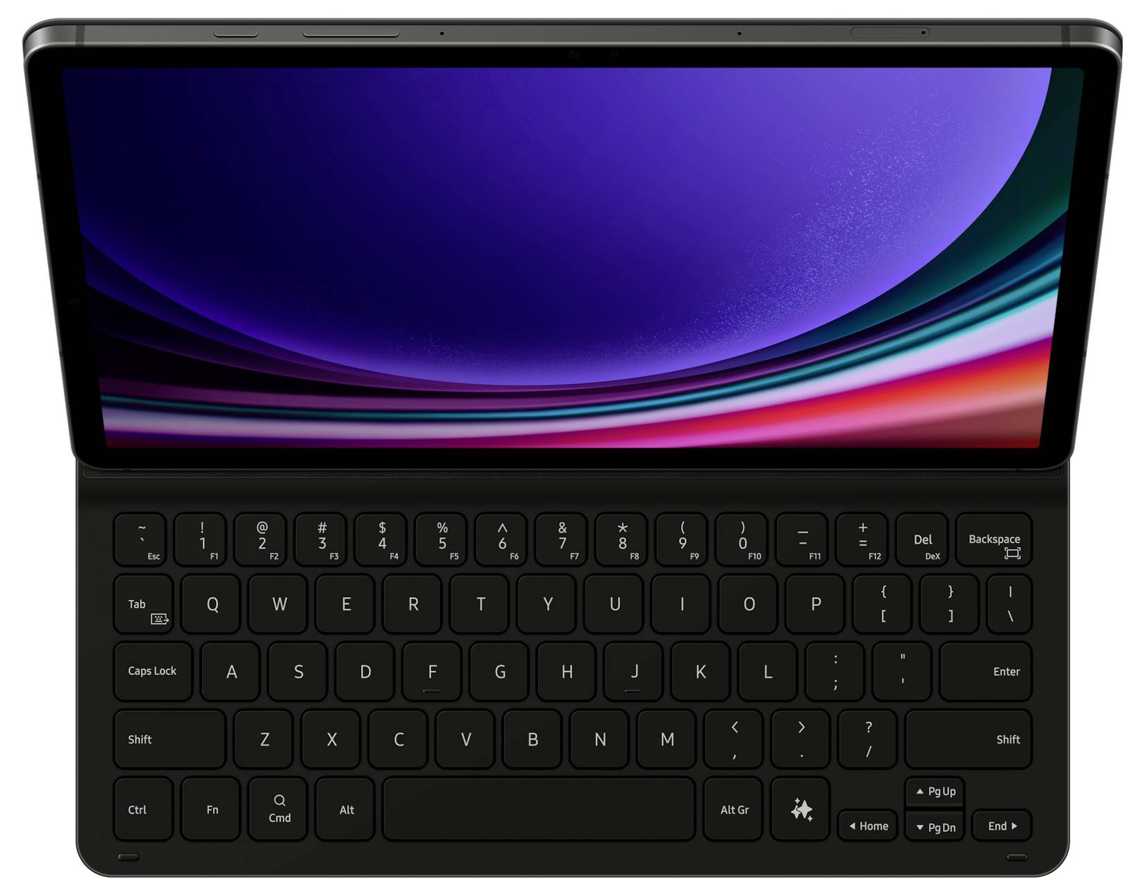 Ein Tablet mit angeschlossener schwarzer Tastatur. Das Display zeigt einen violetten und roten Farbübergang.
