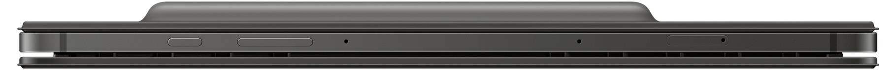 Seitenansicht eines schwarzen Laptops, geschlossen, zeigt die flache, schlanke Form des Geräts.