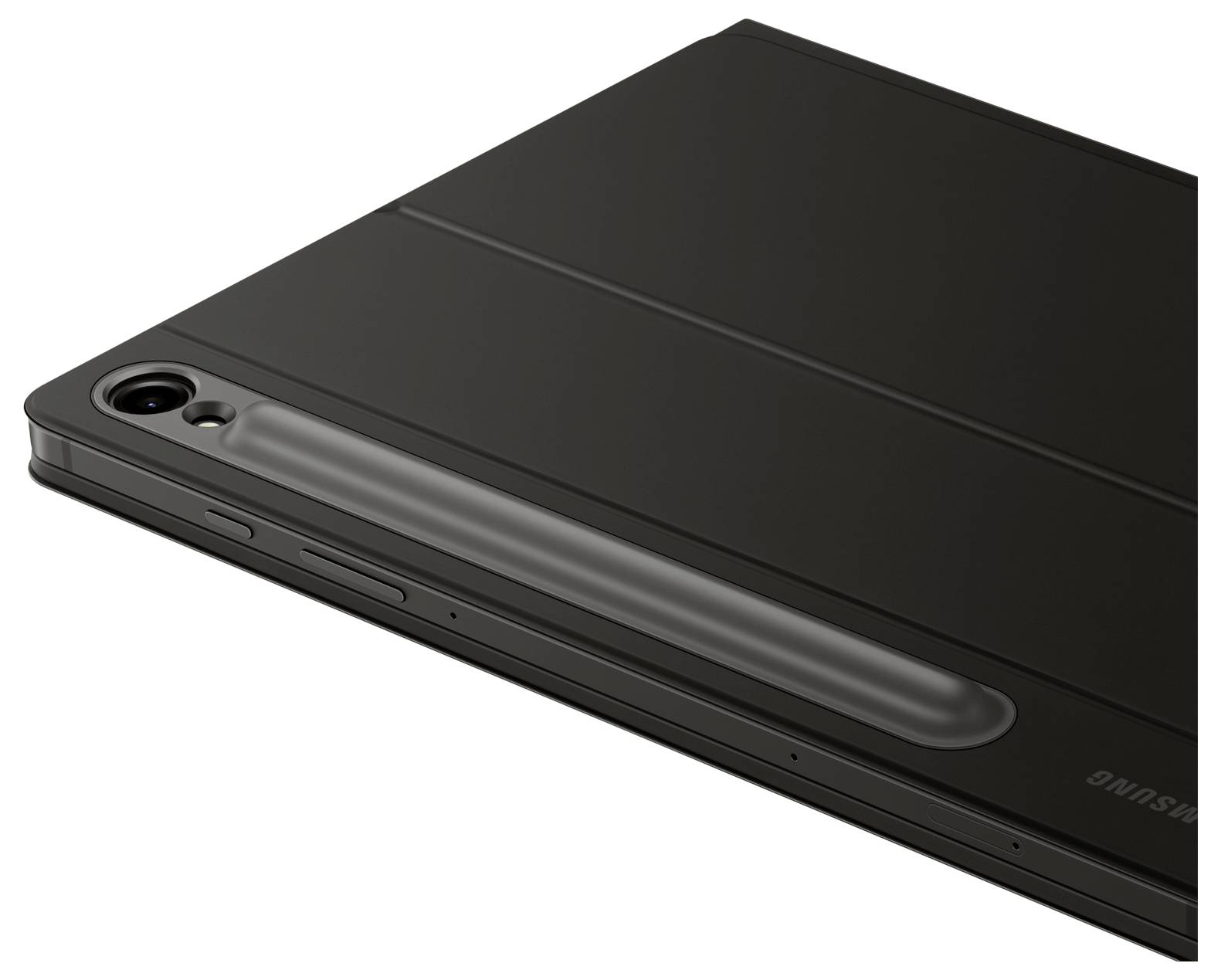 Ein schwarzes Tablet liegt flach auf der Seite, zeigt die Rückseite mit einer Kamera und einem Stylus in der Halterung.