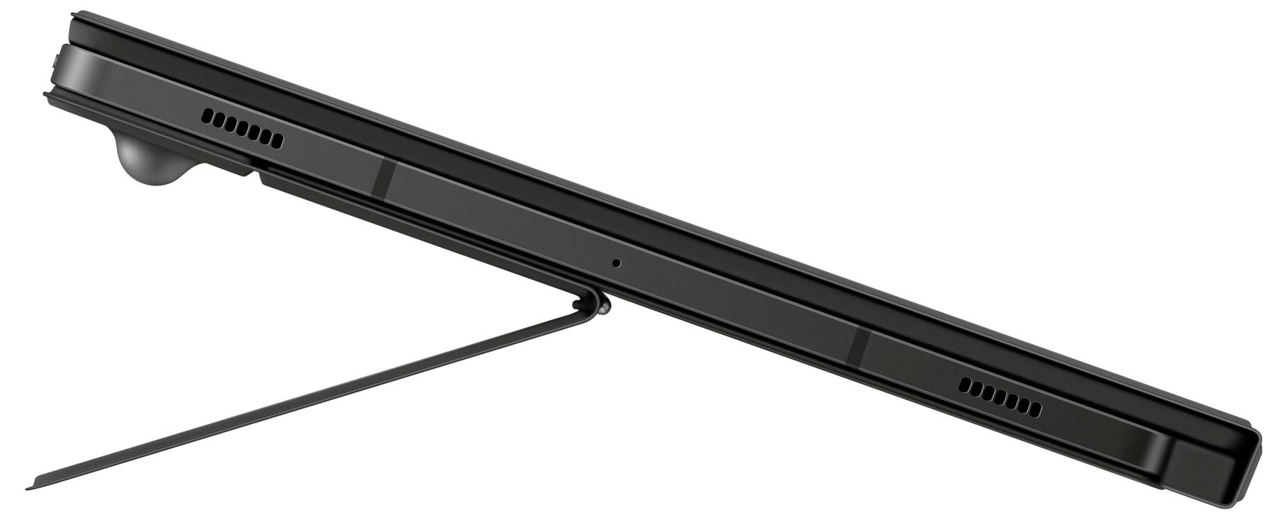 Seitenansicht eines schlanken, schwarzen Laptops mit ausklappbarem Ständer, zeigt geringe Dicke und tragbares Design.