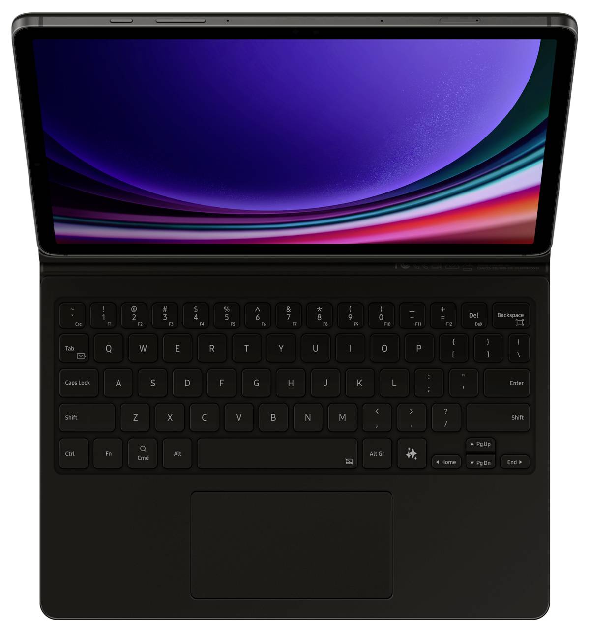 Ein Tablet mit abnehmbarer Tastatur, Bildschirm zeigt leuchtende Lichter und Farben. Tastatur in QWERTZ-Layout, schwarzes Gehäuse.