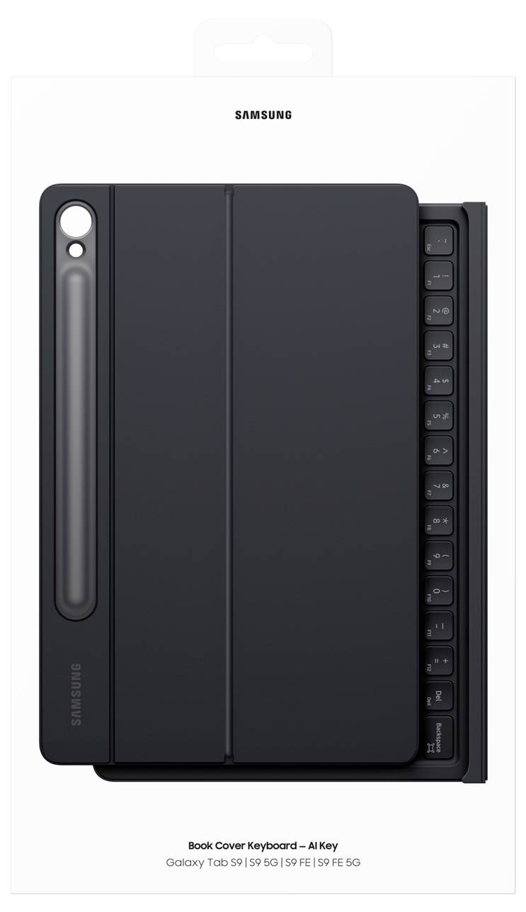 Ein schwarzgraues Tastatur-Cover für Samsung Galaxy Tablets. Es schützt das Tablet und enthält eine integrierte Tastatur für einfaches Tippen.