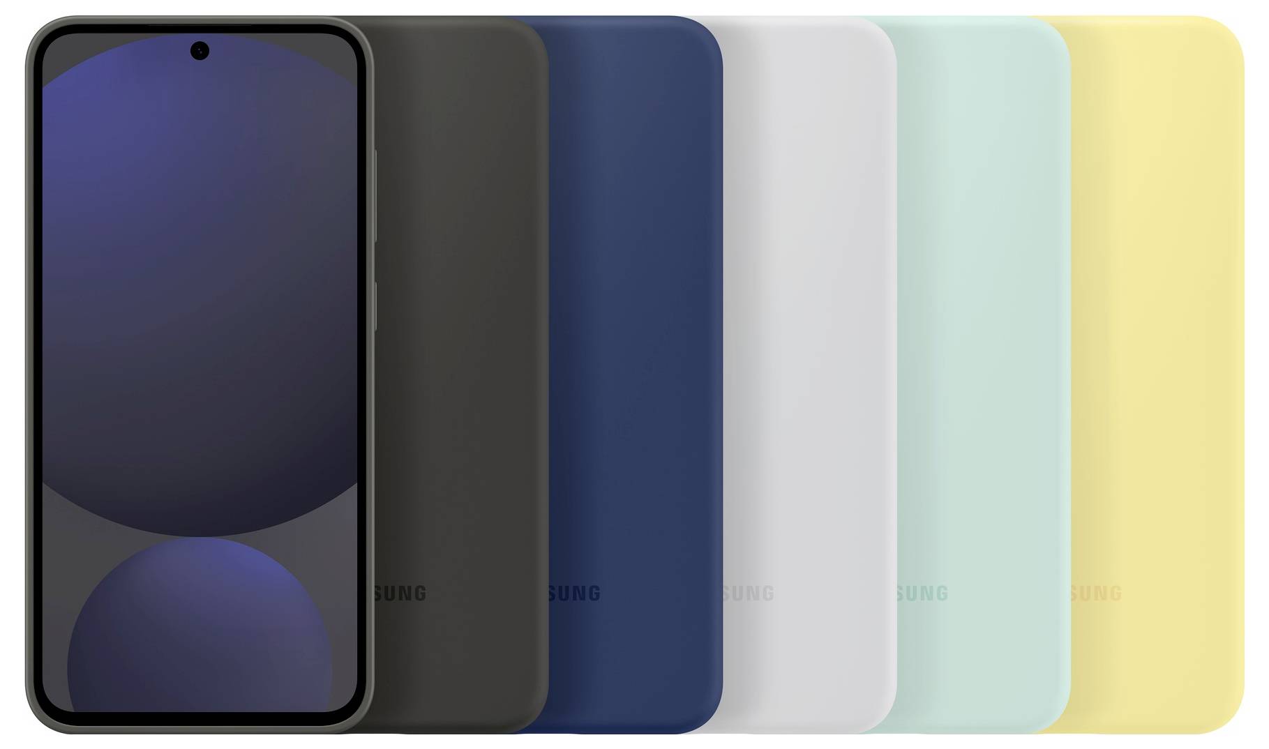 Fünf Smartphones in verschiedenen Farben (Schwarz, Blau, Weiß, Mint, Gelb) nebeneinander. Modell mit abgerundetem Design.