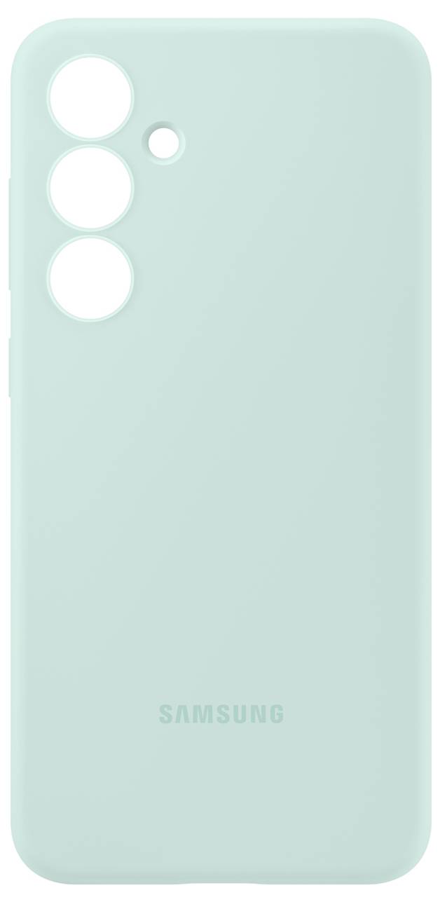 Mintgrüne Samsung-Handyhülle mit drei Kameraaussparungen und Logo unten. Schlichtes Design, schützt das Gerät.