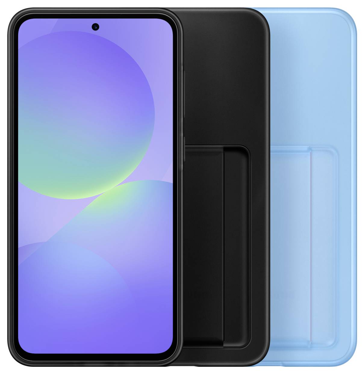 Ein Smartphone mit einem farbenfrohen Bildschirm und einer schlichten, blauen Hülle im Hintergrund.