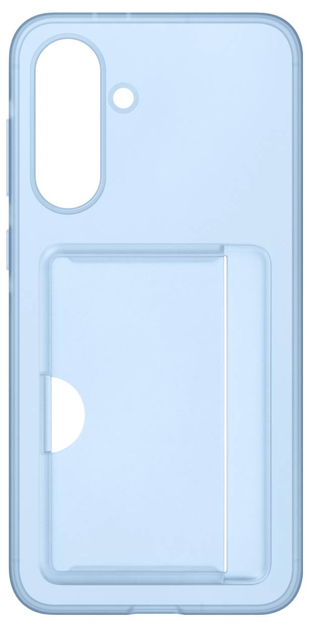 Blaue Handyhülle mit Kartenfach auf der Rückseite; Öffnungen für Kamera und Lautsprecher.