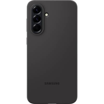 Ein schwarzes Smartphone von hinten mit drei Kameralinsen und einem Blitz in der oberen linken Ecke, Samsung-Logo unten.