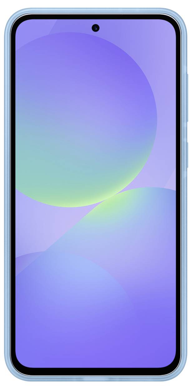 Ein Smartphone mit blauem Rand und einem bunten, abstrakten Hintergrund auf dem Bildschirm. Oben ist eine Frontkamera eingebaut.