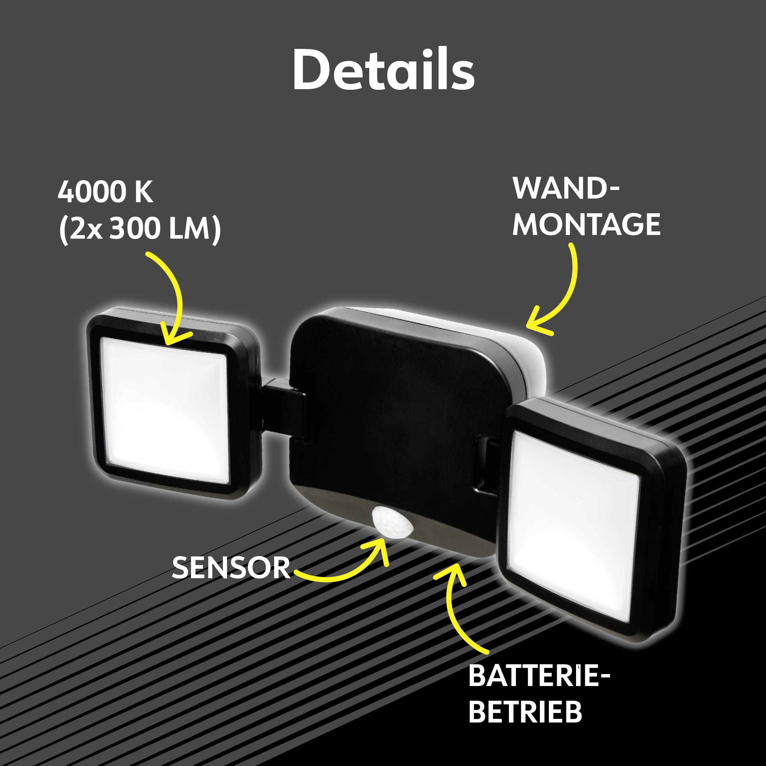 Zwei quadratische LED-Leuchten mit der Aufschrift '4000 K (2x 300 LM)', 'Wand-Montage', 'Sensor', 'Batterie-Betrieb'.
