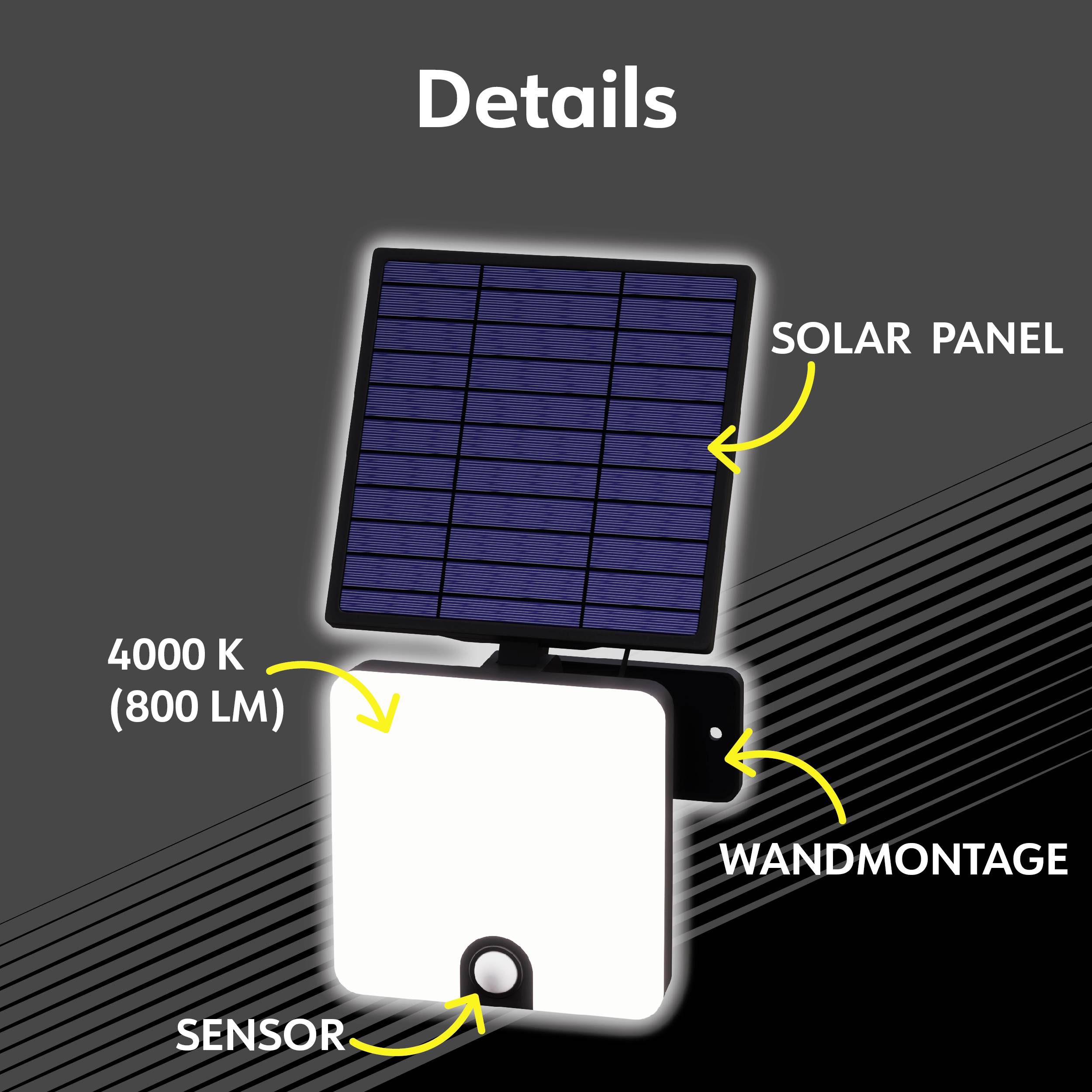 'Solarleuchte mit Solarpanel und Sensor, 4000 K (800 Lumen), zur Wandmontage.'
