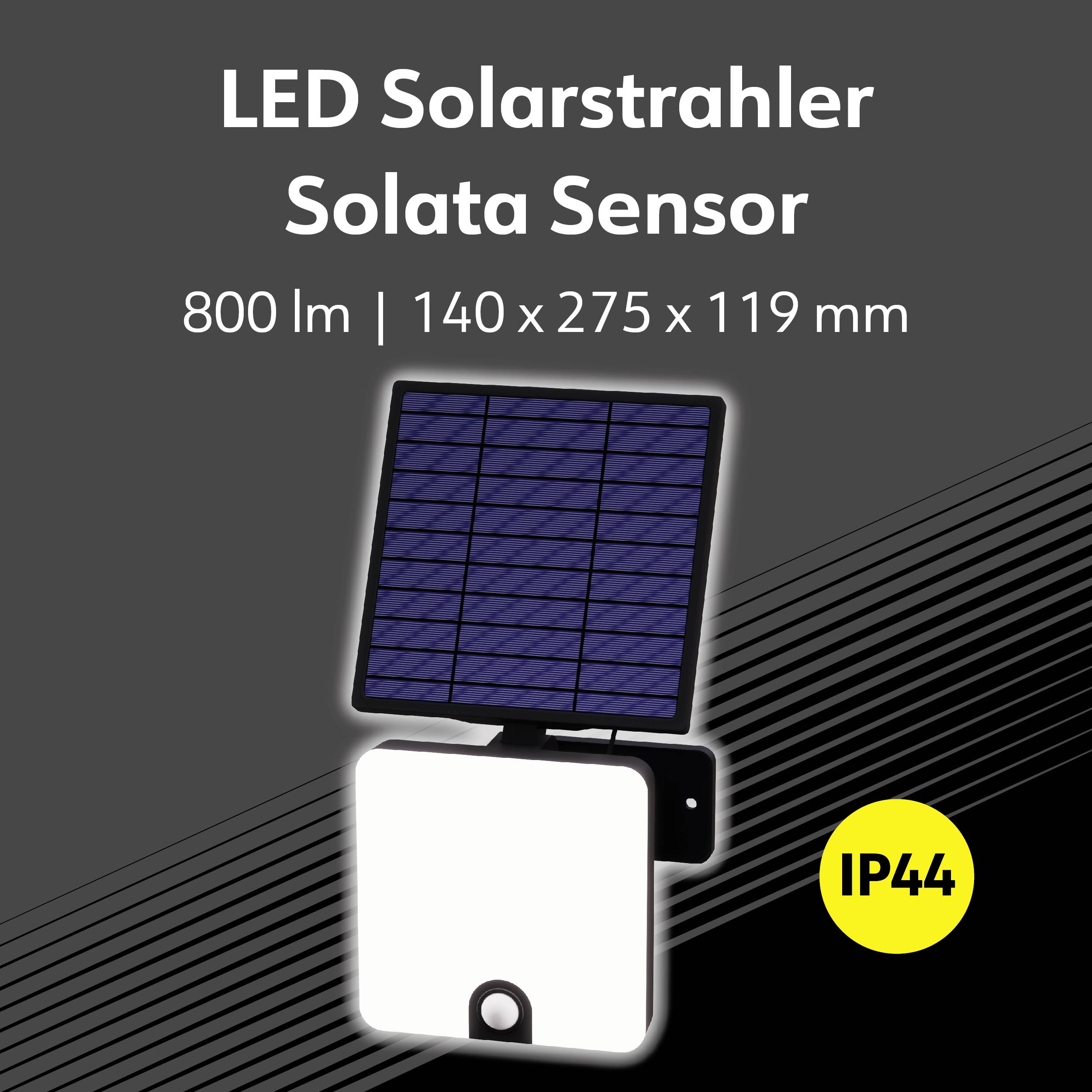 'LED Solarstrahler Solata Sensor, 800 lm, 140 x 275 x 119 mm, IP44. Schwarzer Hintergrund mit diagonalen Linien, gelber IP44-Kreis.'