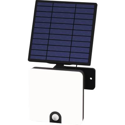 Eine rechteckige Solarlampe mit blauem Solarpanel oben und weißem LED-Licht darunter, montiert an einer schwarzen Halterung.