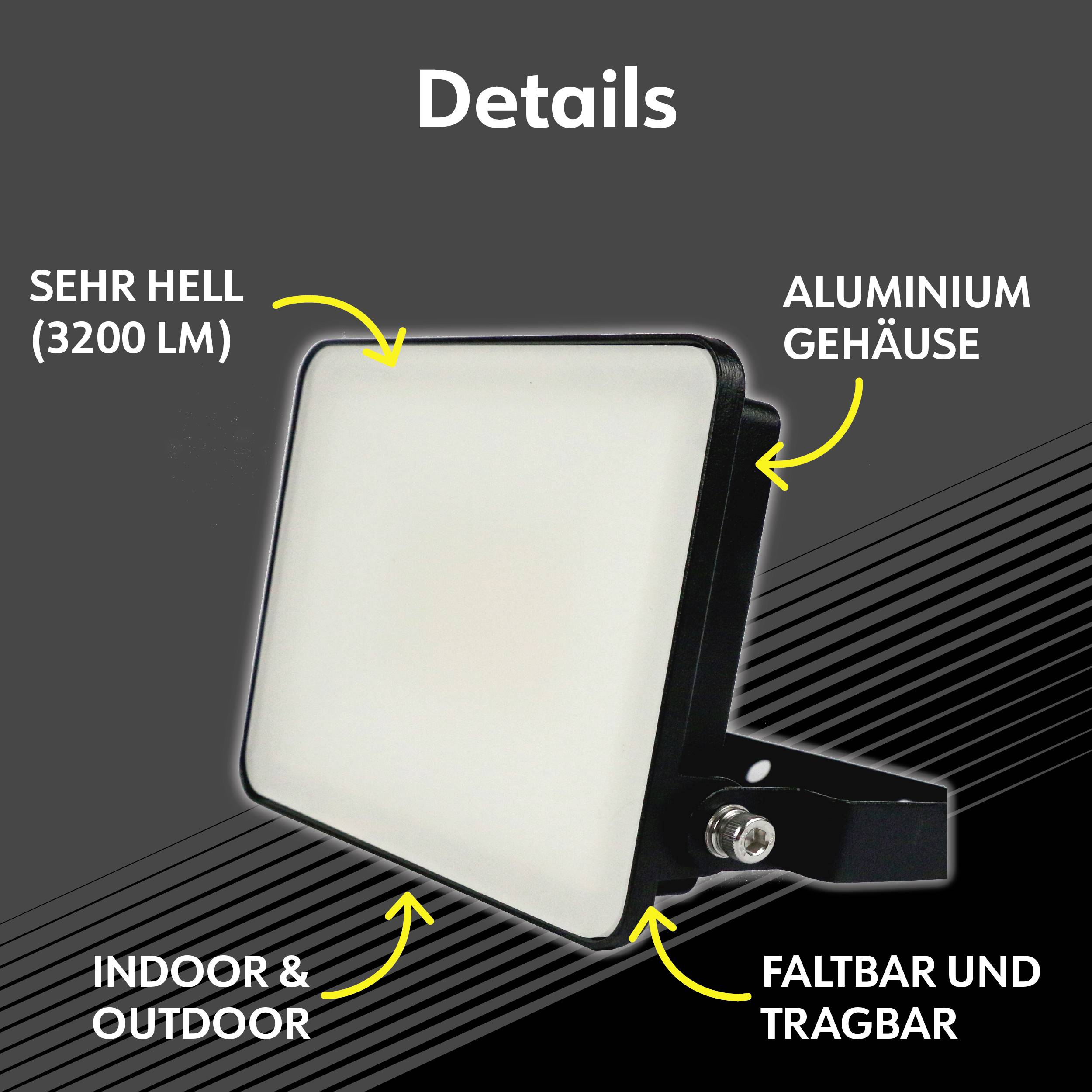 Schwarzer, tragbarer LED-Fluter mit Aluminiumgehäuse. Text beschreibt Eigenschaften: 'Sehr hell (3200 lm)', 'Aluminiumgehäuse', 'Indoor & Outdoor', 'Faltbar und tragbar'.