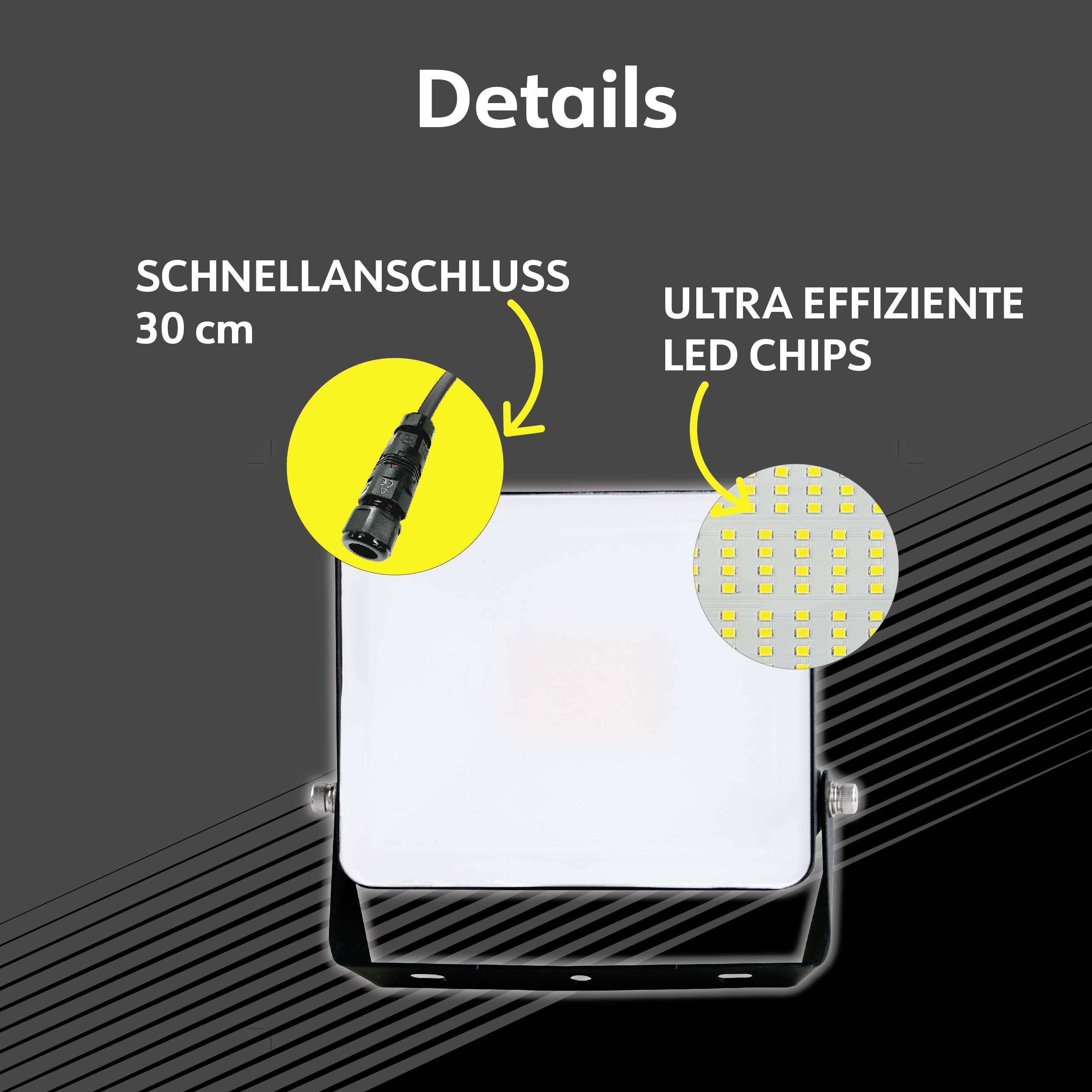 'Details' oben. LED-Licht mit 'Schnellanschluss 30 cm' und 'Ultra Effiziente LED Chips' beschrieben.
