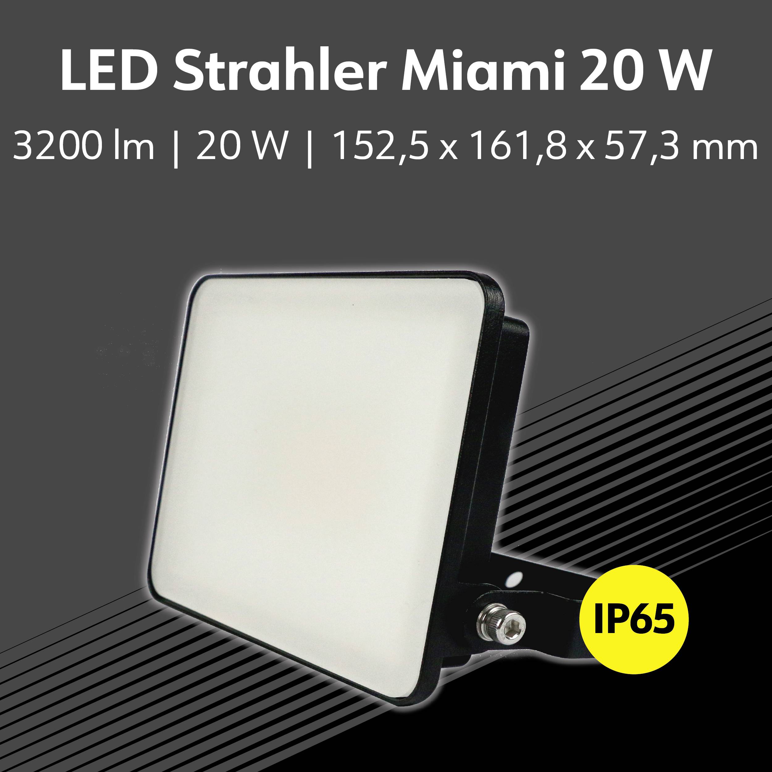 LED Strahler Miami 20 W, 3200 lm, IP65, Maße: 152,5 x 161,8 x 57,3 mm.