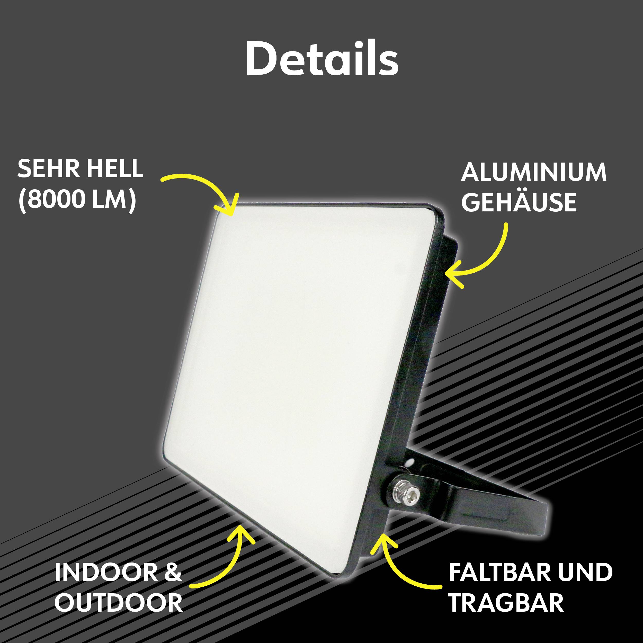 'Quadratisches LED-Licht mit Aluminiumgehäuse, bietet 8000 Lumen, faltbar und tragbar, geeignet für Innen- und Außenbereich.'