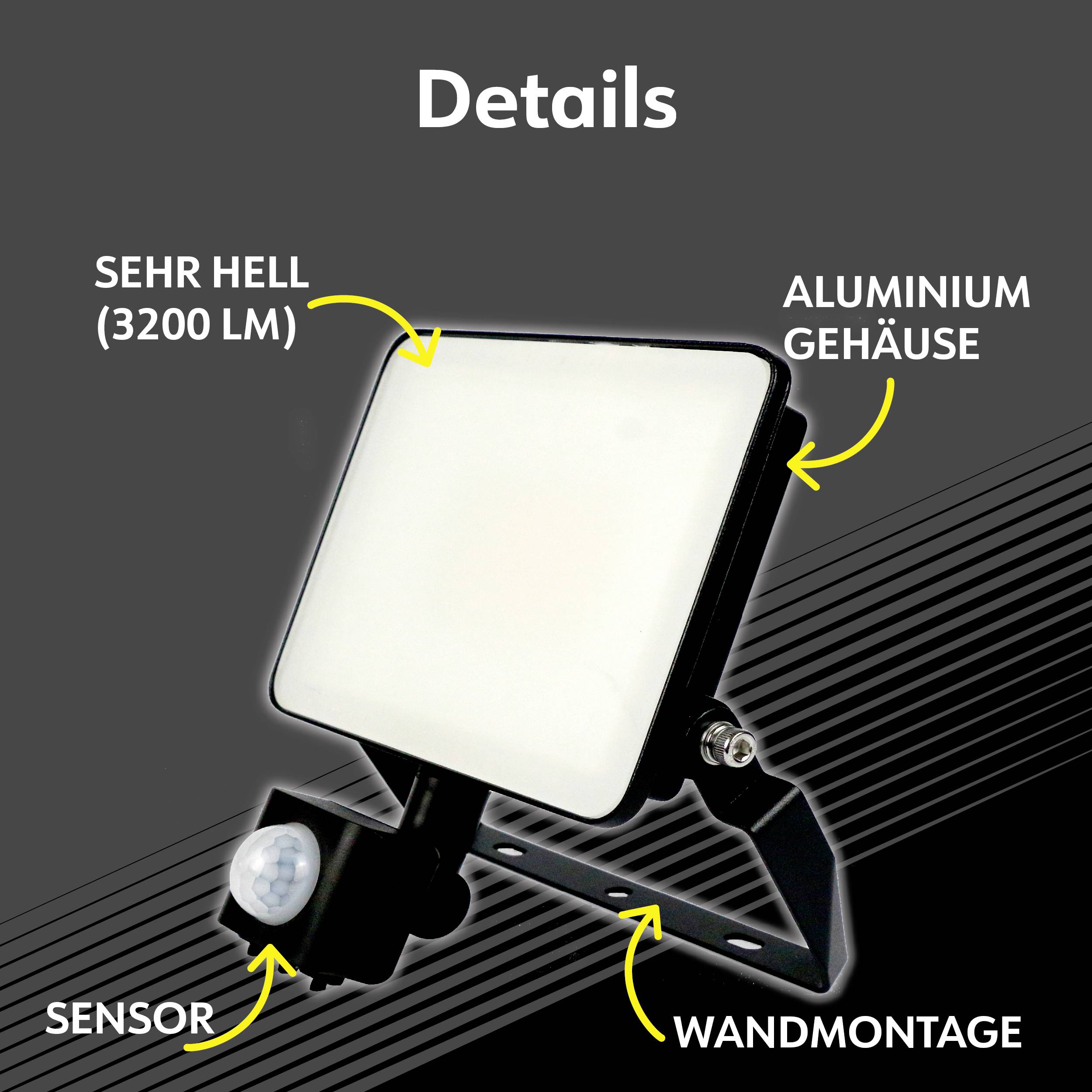 LED-Strahler mit Aluminiumgehäuse und Wandmontage. Helligkeit: 3200 Lumen. Integrierter Sensor für Bewegungsdetektion.