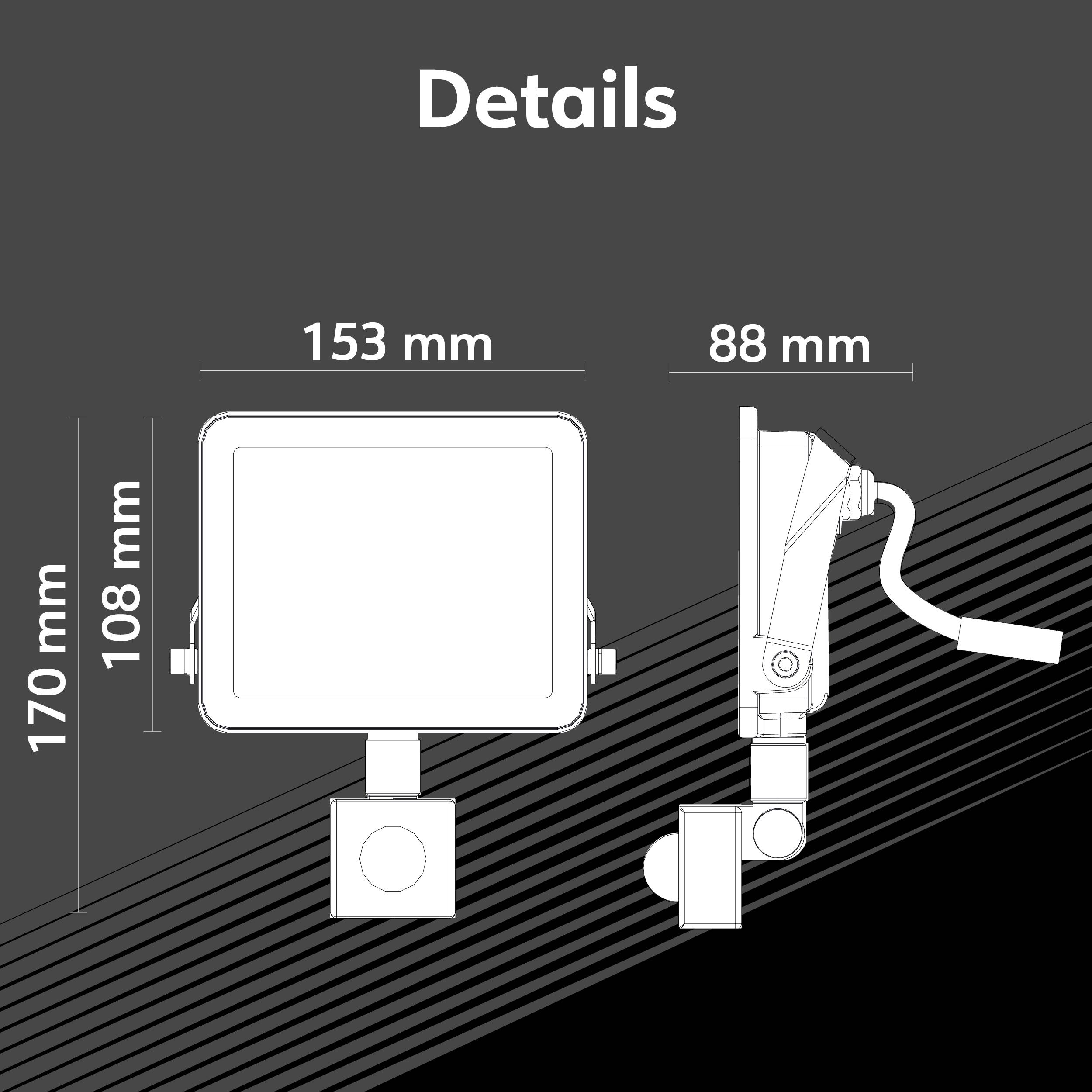 Technische Zeichnung eines rechteckigen Projektors. Maße: Breite 153 mm, Höhe 170 mm, Tiefe 88 mm. Enthält Kabelanschluss.