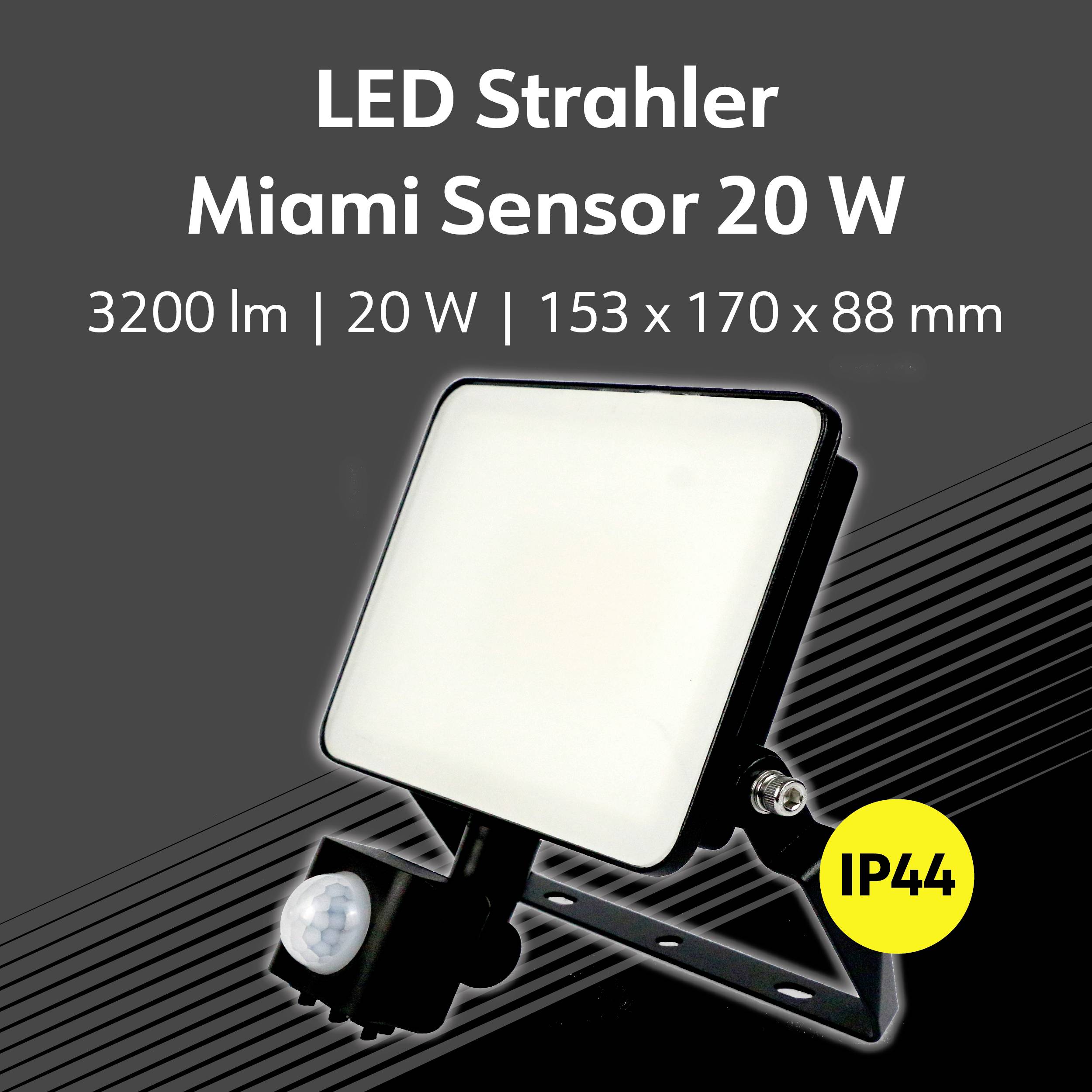 'LED Strahler Miami Sensor 20 W', 3200 Lumen, 20 Watt, Maße 153 x 170 x 88 mm, Schutzklasse IP44.