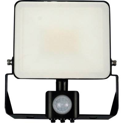 Ein quadratischer LED-Strahler mit integriertem Bewegungsmelder, montiert auf einer verstellbaren Halterung.