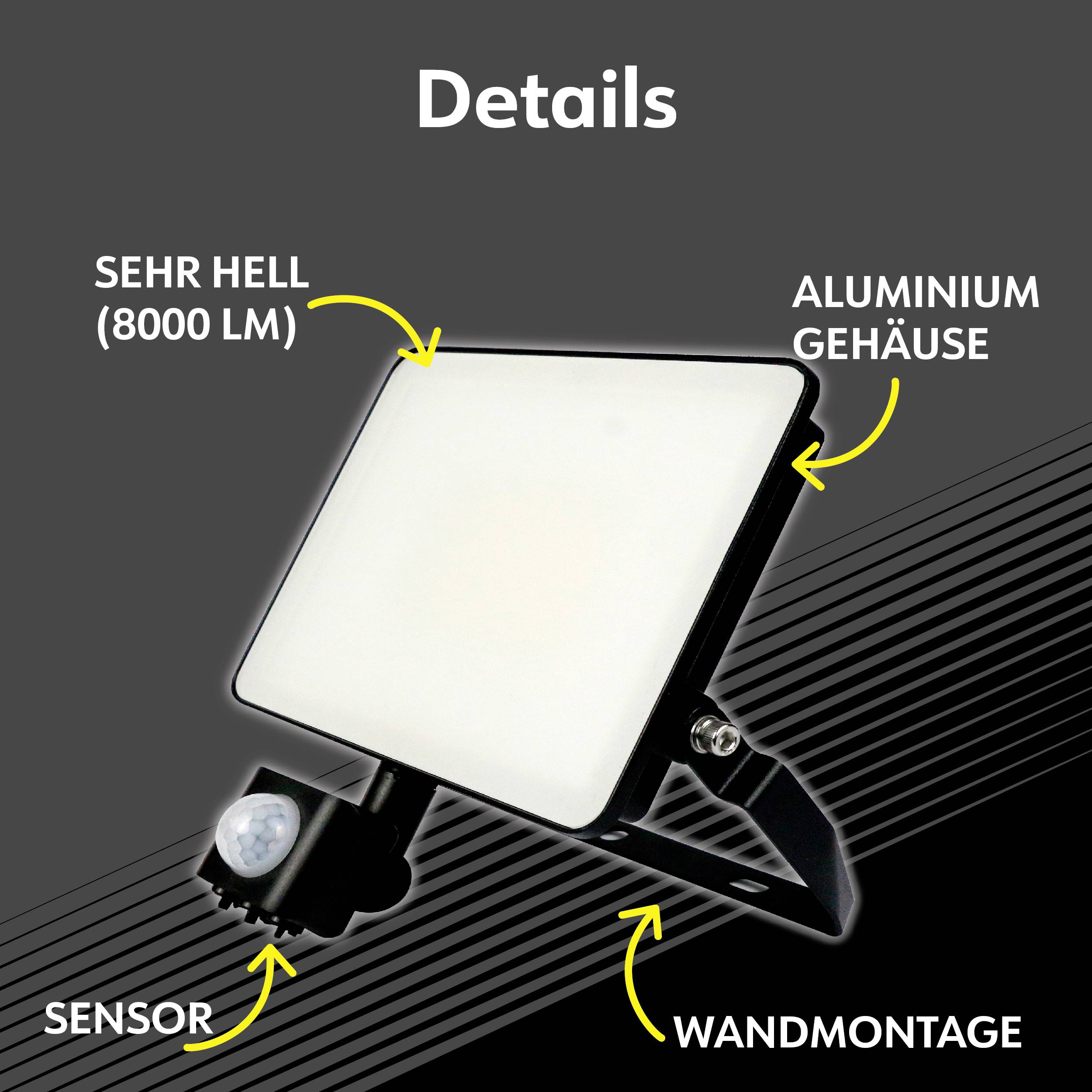 Abbildung eines Weißlicht-Scheinwerfers mit Sensor. Text: 'Sehr hell (8000 lm)', 'Aluminiumgehäuse', 'Wandmontage'.