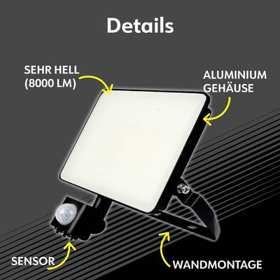 Abbildung eines Weißlicht-Scheinwerfers mit Sensor. Text: 'Sehr hell (8000 lm)', 'Aluminiumgehäuse', 'Wandmontage'.