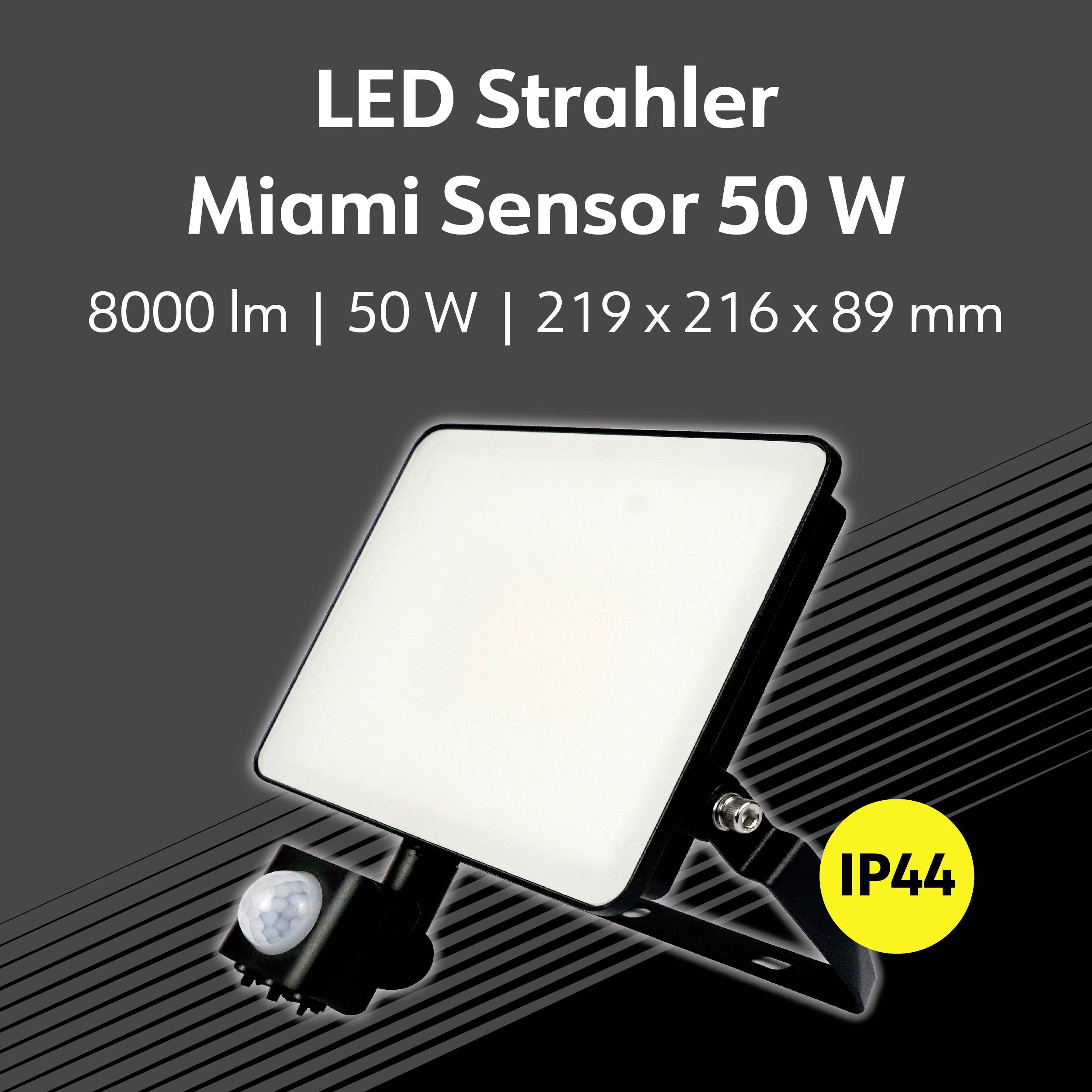 LED Strahler mit Sensor, 50 W, 8000 lm, weißes Licht. Produktdetails: 219 x 216 x 89 mm, IP44 Schutzklasse.