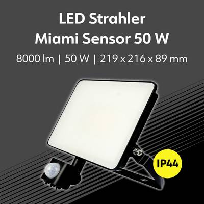 LED Strahler mit Sensor, 50 W, 8000 lm, weißes Licht. Produktdetails: 219 x 216 x 89 mm, IP44 Schutzklasse.