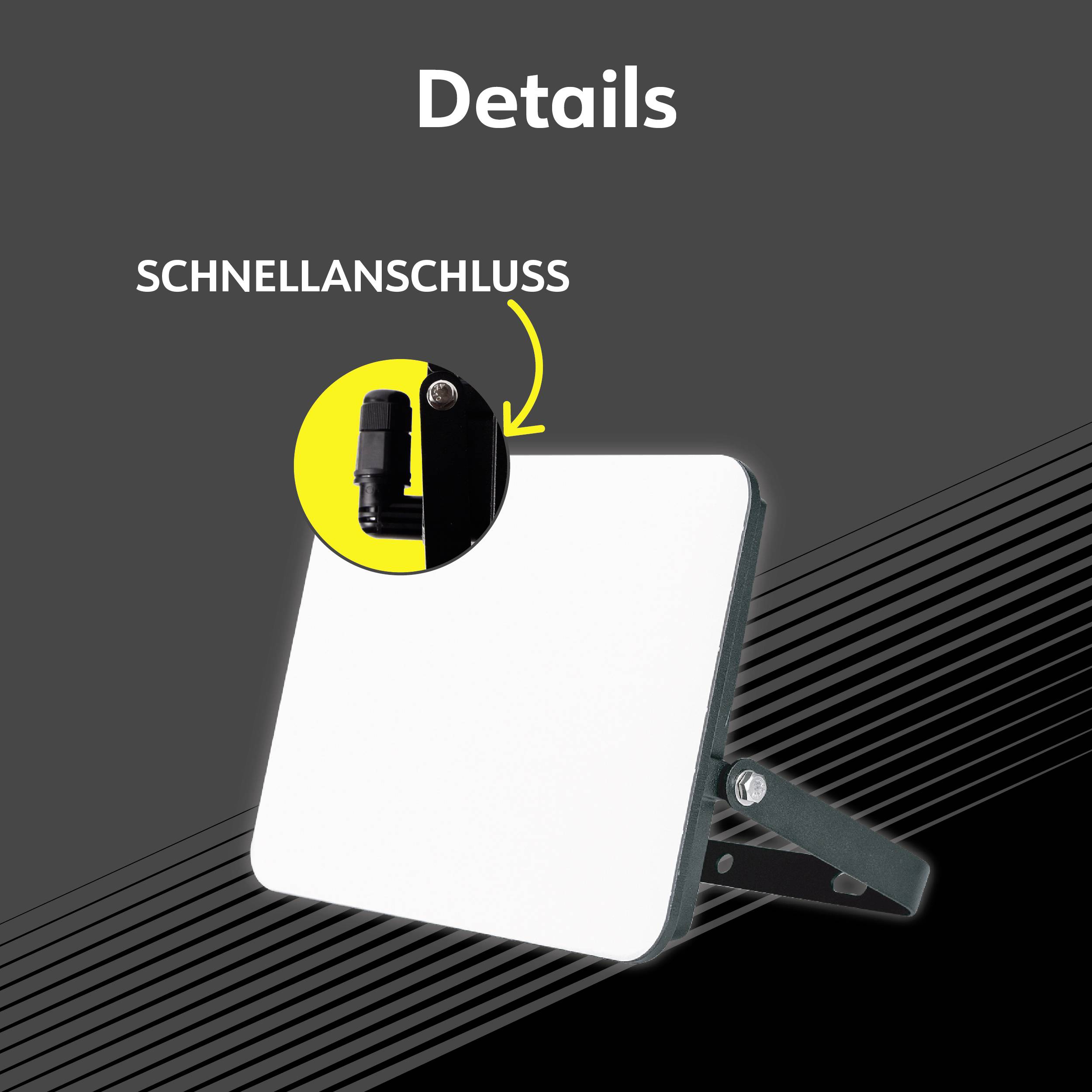 LED-Strahler mit der Funktion 'Schnellanschluss', angezeigt durch gelben Pfeil. Gerät auf Ständer, mit modernem Design.