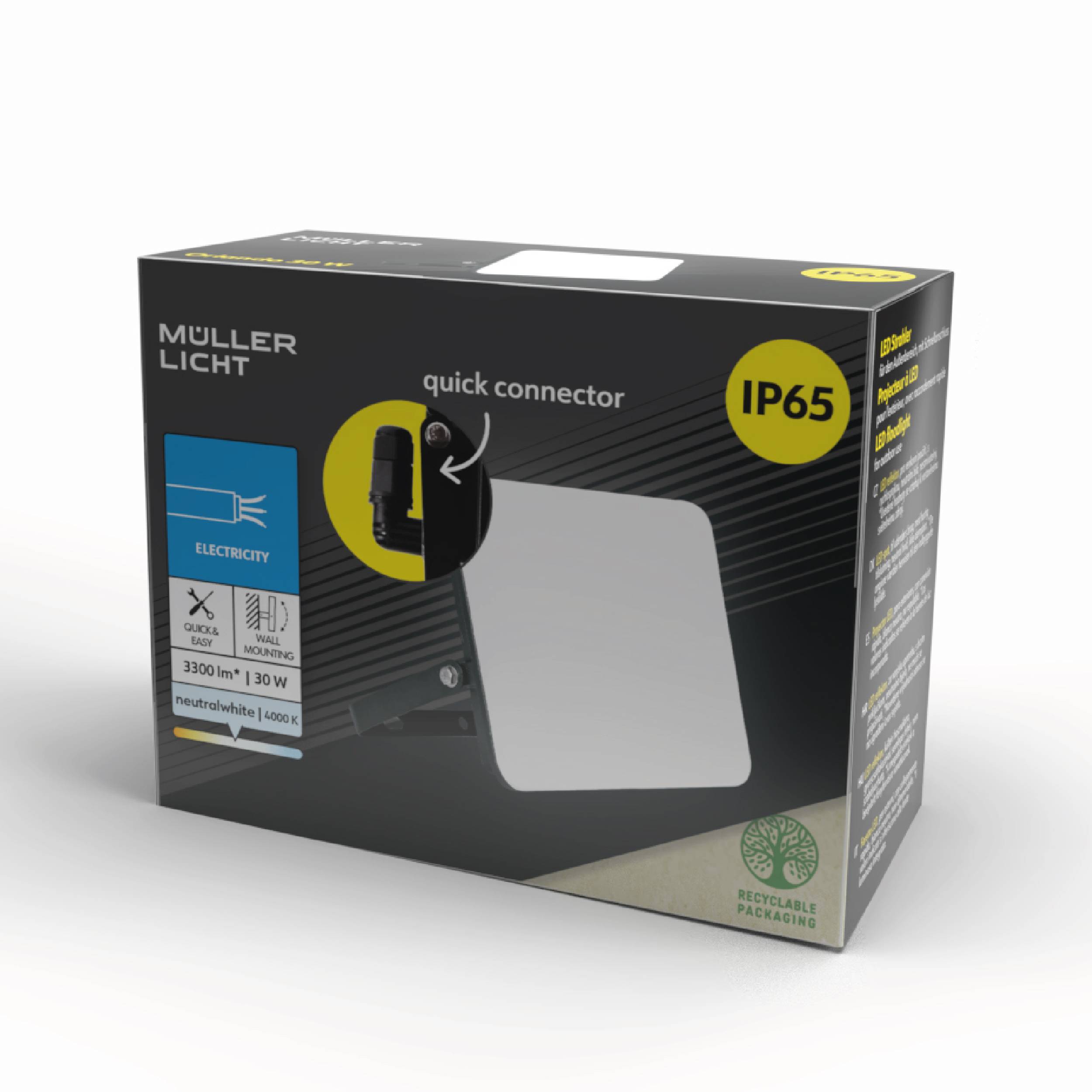 Verpackung einer LED-Leuchte mit der Aufschrift 'quick connector', geeignet für IP65, betont wasser- und staubresistent, 3300 lm.