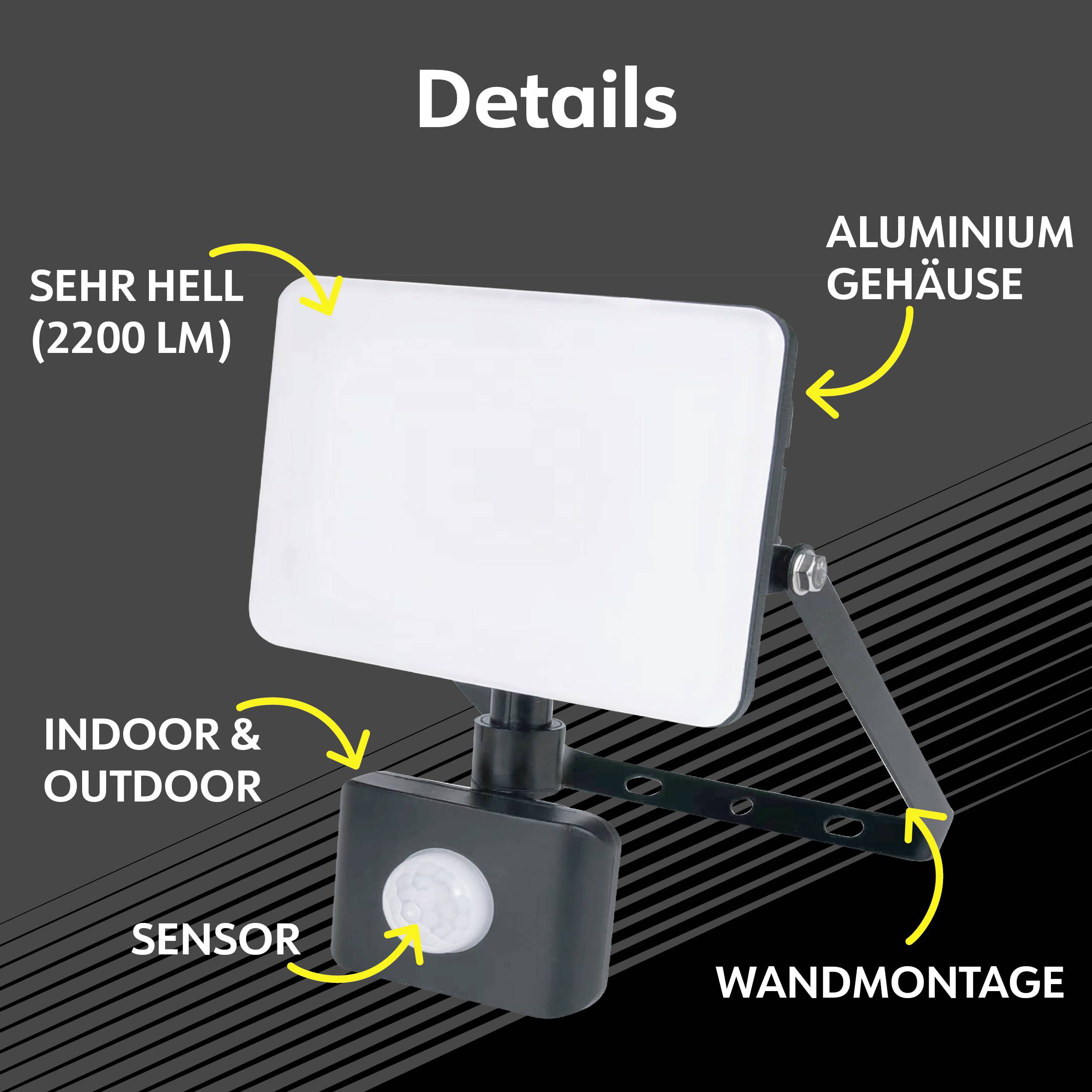 LED-Strahler mit Sensor, 2200 Lumen, Aluminiumgehäuse, geeignet für Innen- und Außenmontage. Wandmontage möglich.