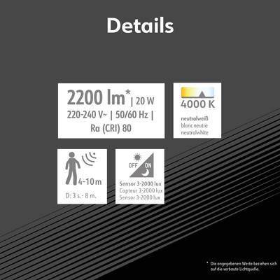 'Details: 2200 lm, 20 W, 220-240 V, 50/60 Hz, Ra (CRI) 80, 4000 K, neutralweiß. Reichweite 4-10 m, Sensor 3-2000 lux. Zeit 3 s - 8 min.'