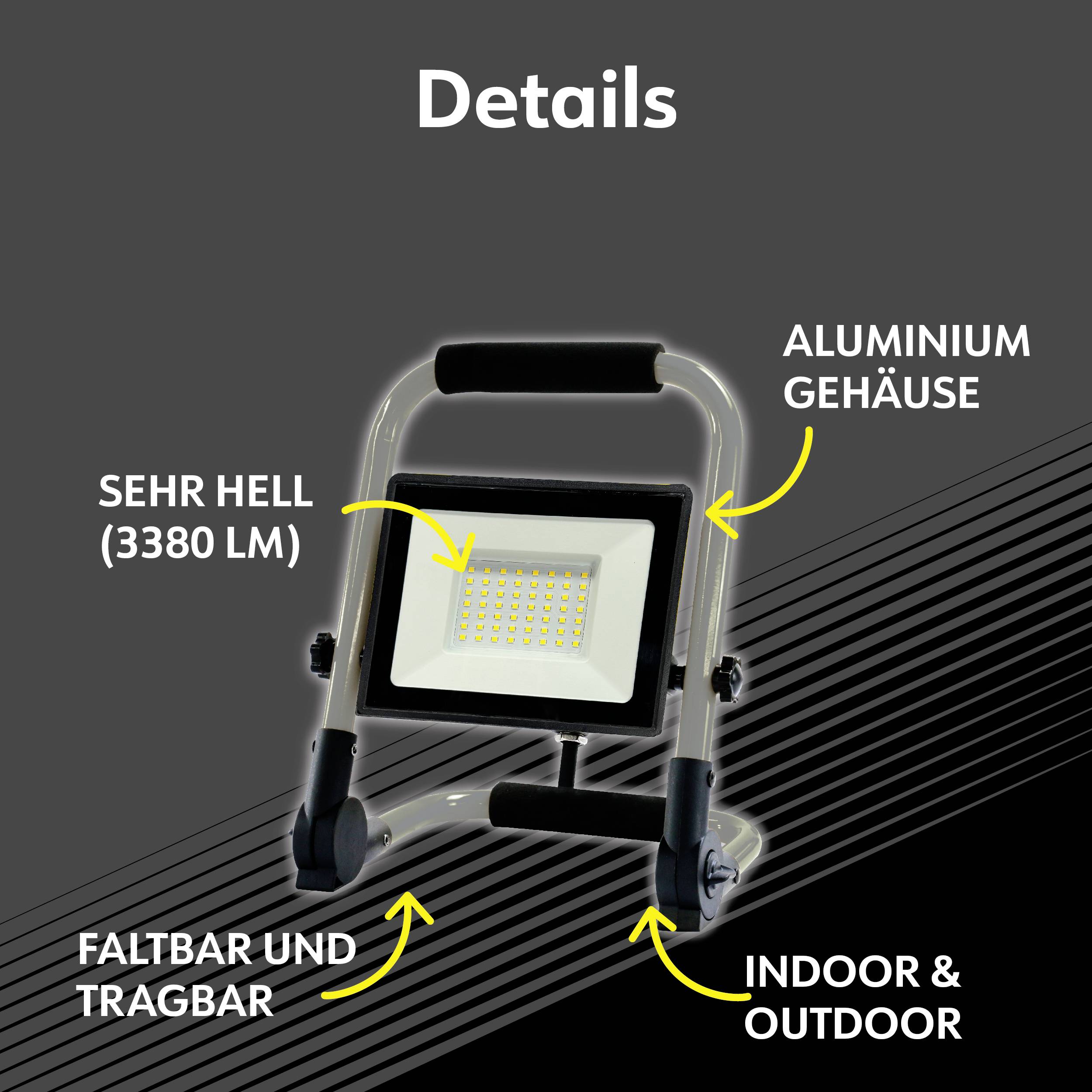 'SEHR HELL (3380 LM)', 'ALUMINIUM GEHÄUSE', 'FALTBAR UND TRAGBAR', 'INDOOR & OUTDOOR'; LED-Flutlicht mit Tragegriff.