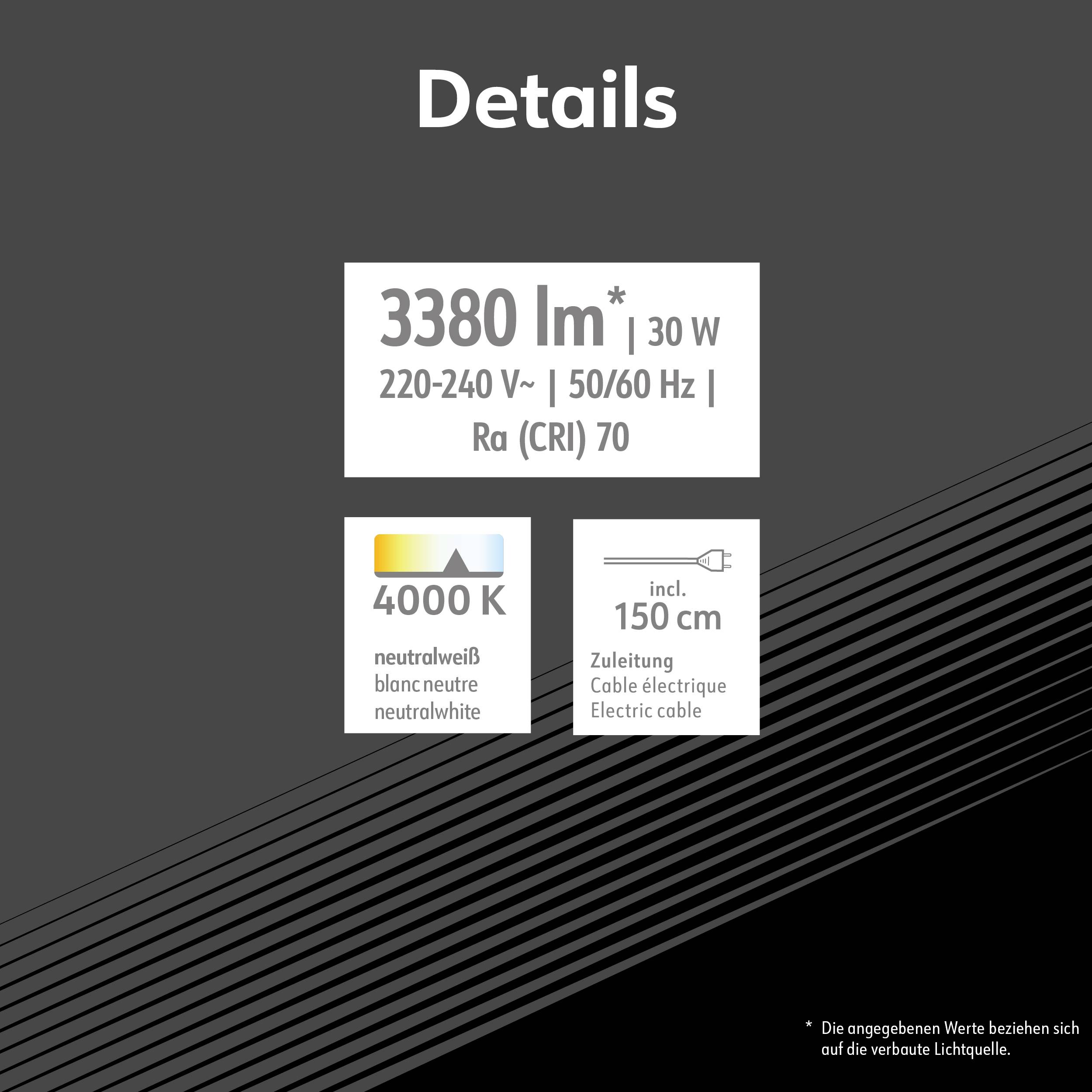 'Details zur Beleuchtung: 3380 Lumen, 30 Watt, Spannung 220-240 Volt, 4000K, Kabellänge 150 cm, Farbwiedergabeindex (Ra) 70.'