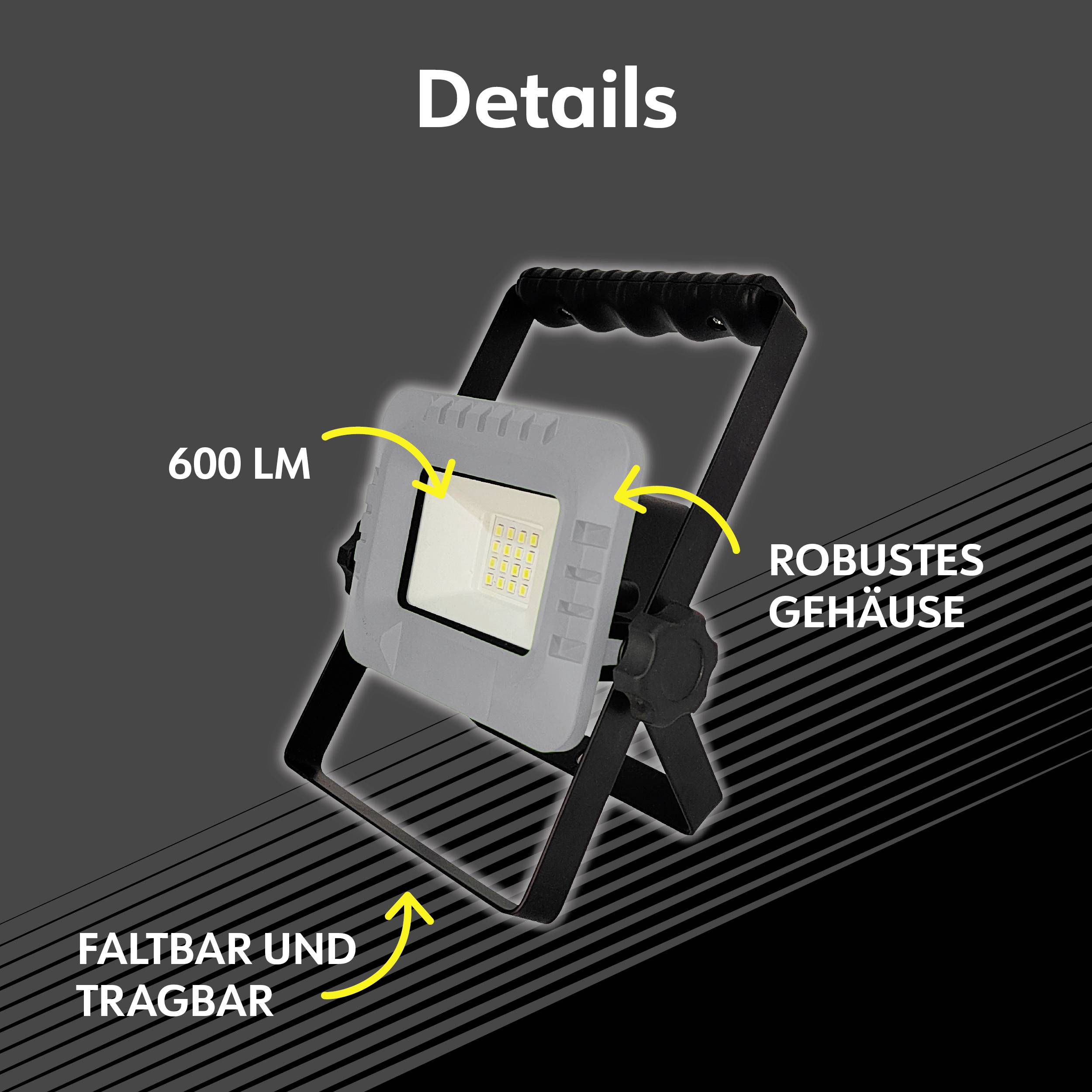 LED-Strahler mit 600 Lumen, gezeigt in robustem, faltbarem und tragbarem Gehäuse. Überschrift: 'Details'.