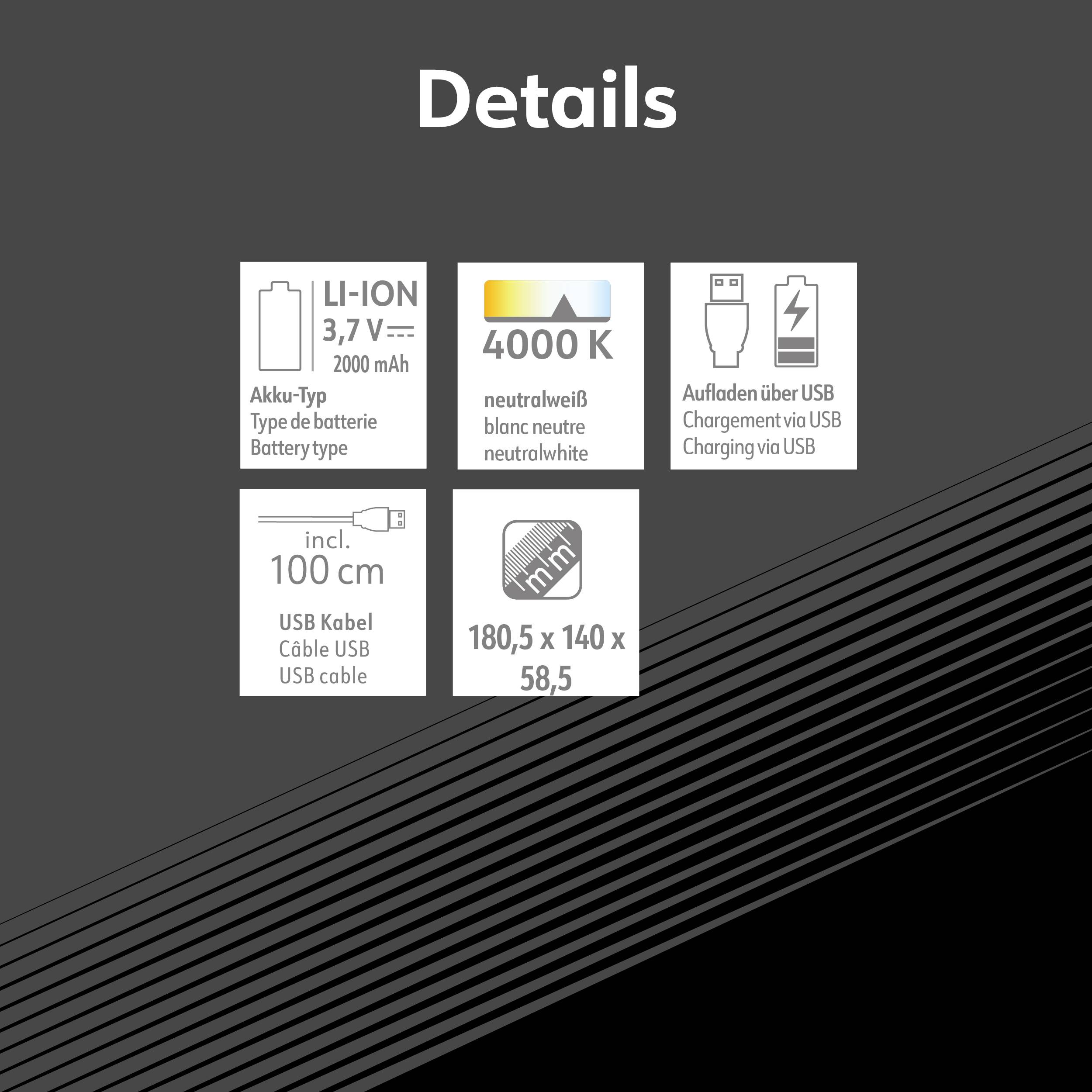 'Details' zeigt Infos zu einem Produkt: Li-Ion Akku 3,7V 2000mAh, neutralweißes Licht 4000K, 100 cm USB-Kabel, Maße 180,5 x 140 x 58,5 mm.