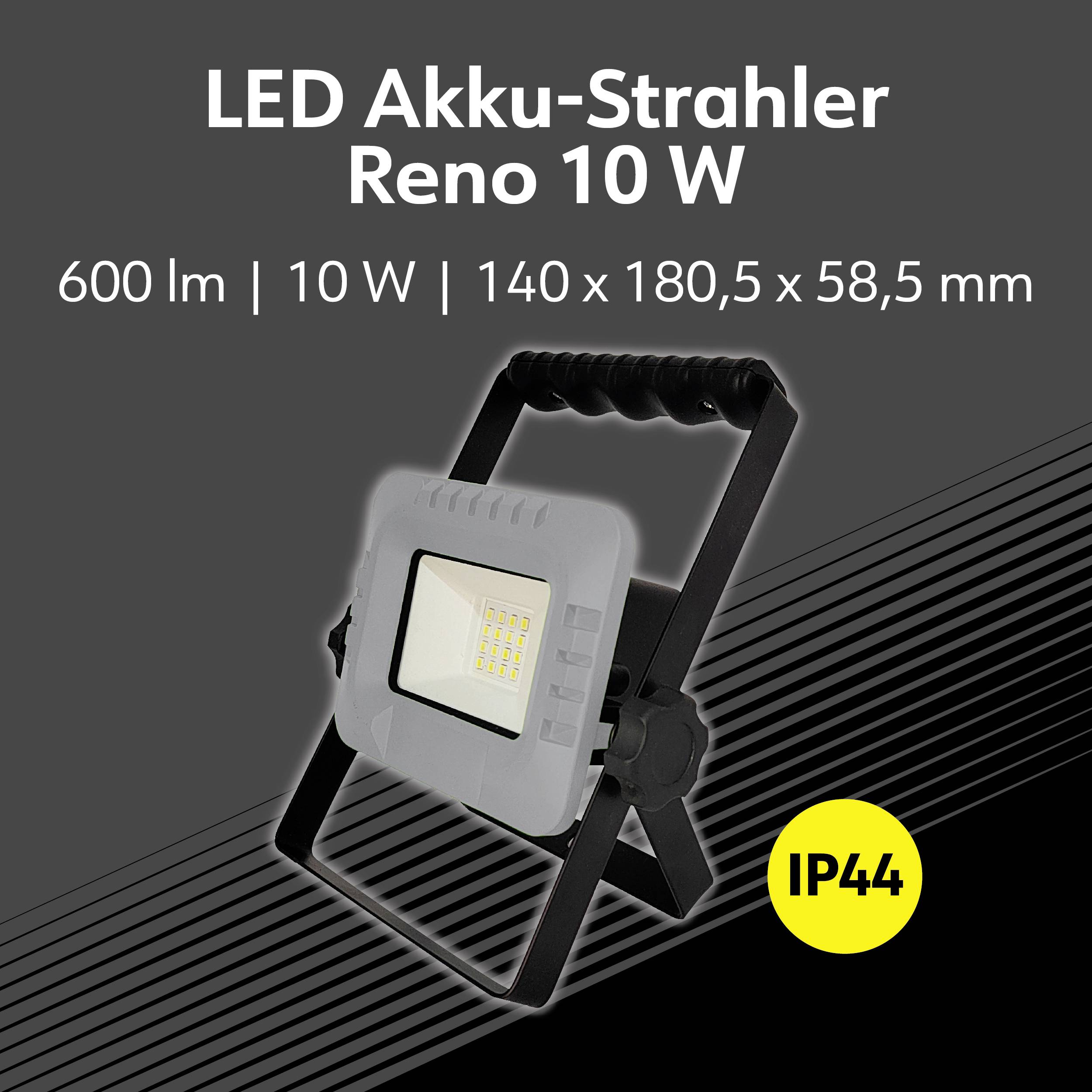 'LED Akku-Strahler Reno 10 W, 600 lm, 140 x 180,5 x 58,5 mm, IP44' auf schwarzem Hintergrund. Bild eines tragbaren LED-Lichts.