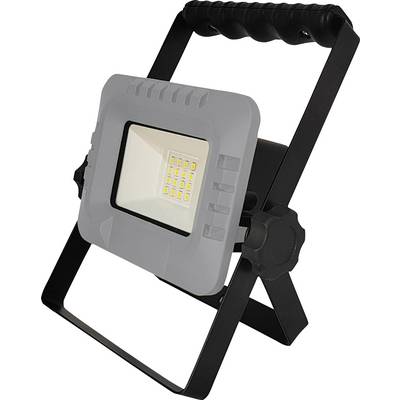 Ein tragbarer LED-Strahler mit Griff, geeignet für Arbeitsbereiche. Das Gehäuse ist schwarz und silberfarben.