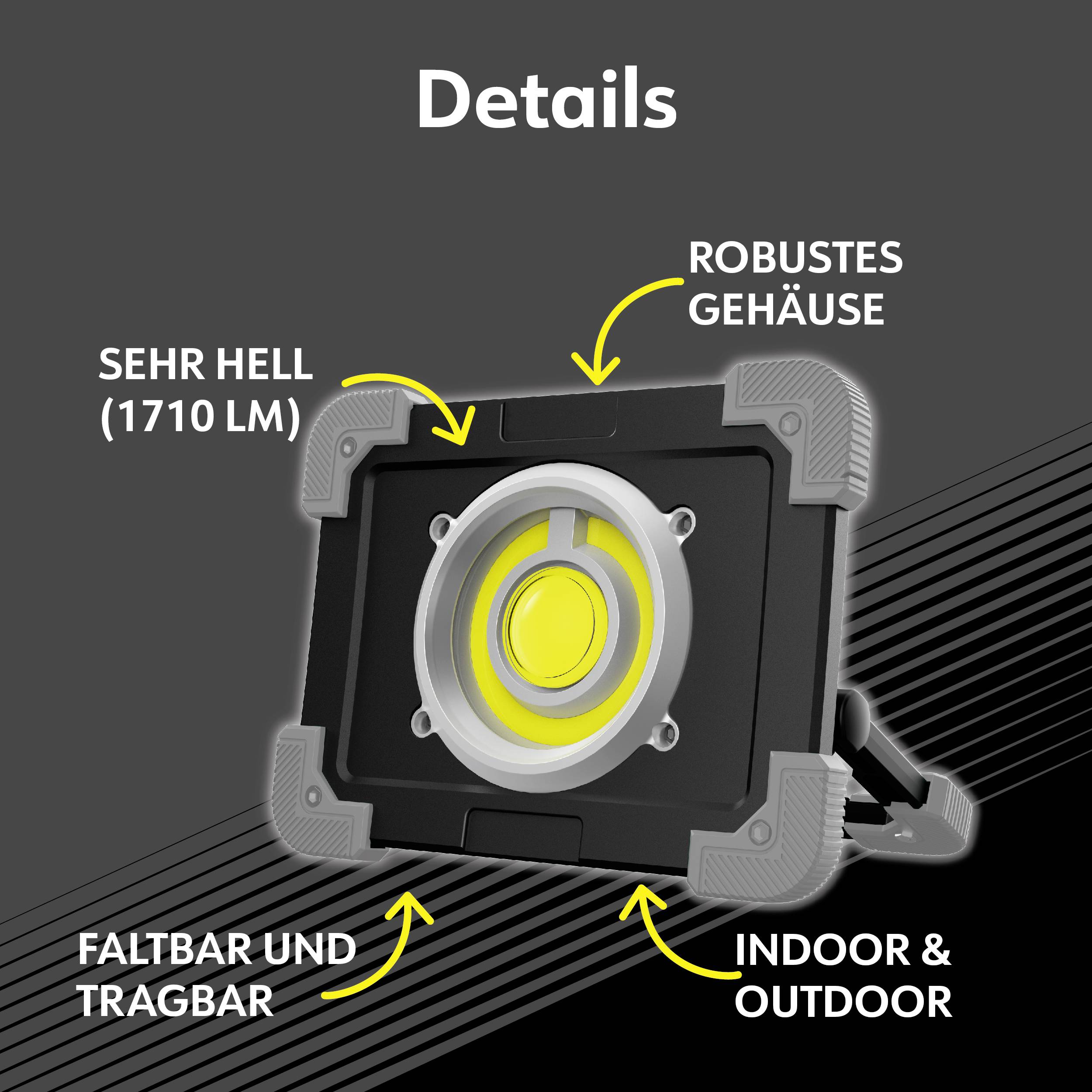 Tragbarer LED-Scheinwerfer mit 1710 Lumen, robustem Gehäuse. Geeignet für Innen- und Außenbereich. Faltbar und leicht zu transportieren.
