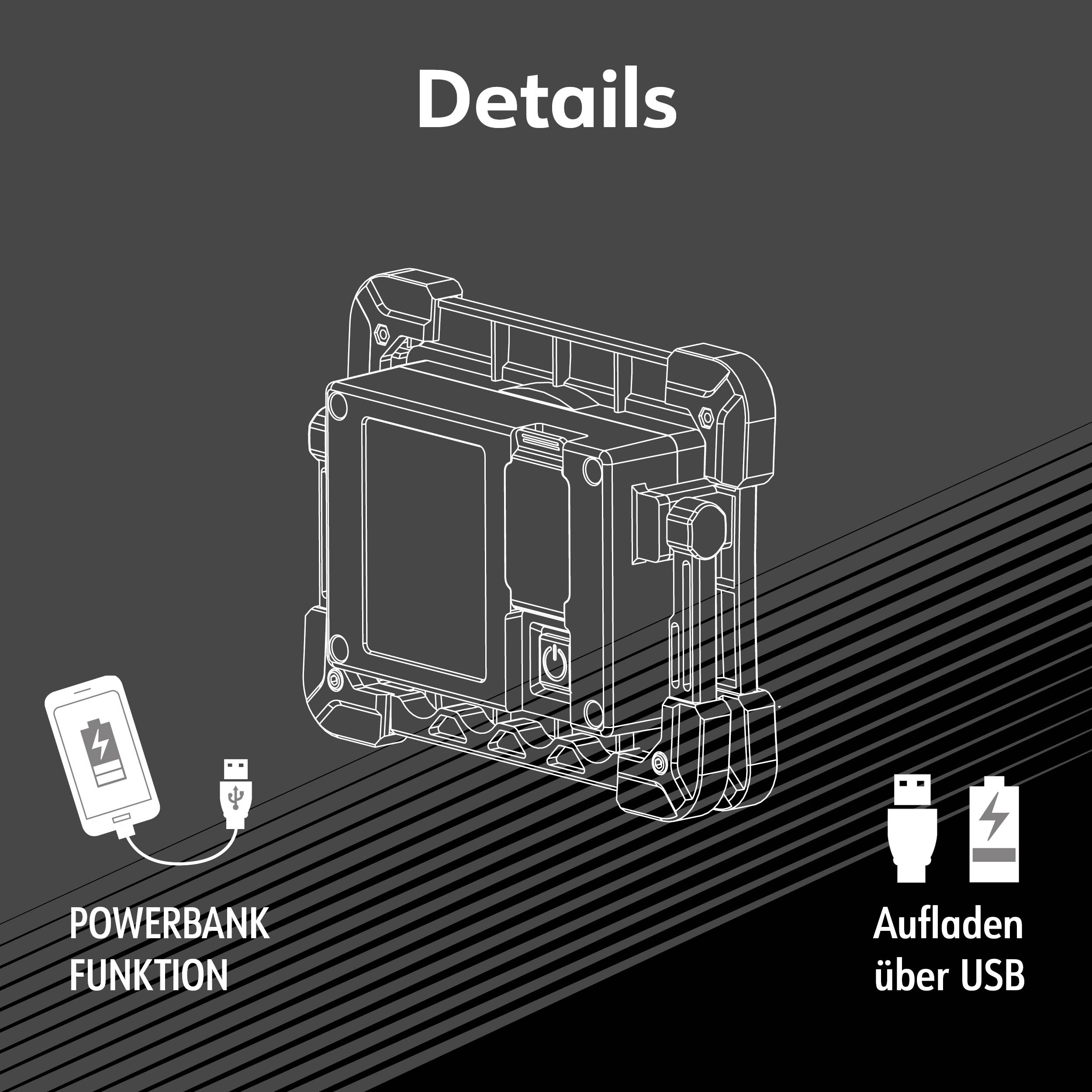 Ein Gerät mit Powerbank-Funktion, aufgeladen über USB. Diagramm zeigt Anschlüsse und Details. Oben steht 'Details'.